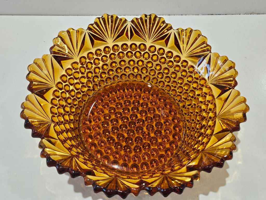 Vintage Amber Hobnail Pressed Glass Console Bowl Scalloped Rim Centerpiece Dish
