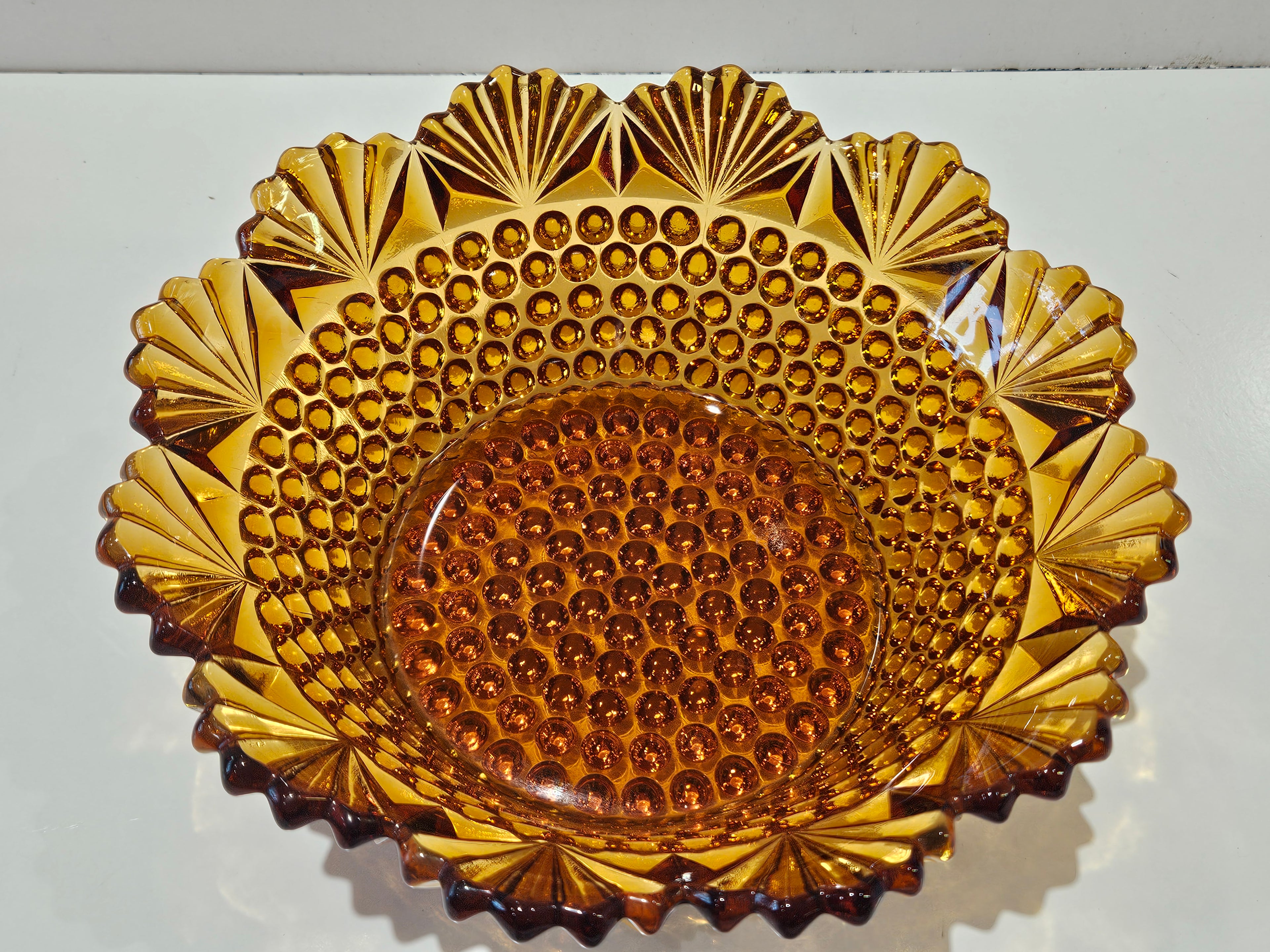 Vintage Amber Hobnail Pressed Glass Console Bowl Scalloped Rim Centerpiece Dish