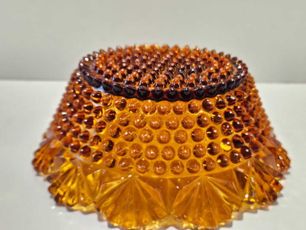 Vintage Amber Hobnail Pressed Glass Console Bowl Scalloped Rim Centerpiece Dish