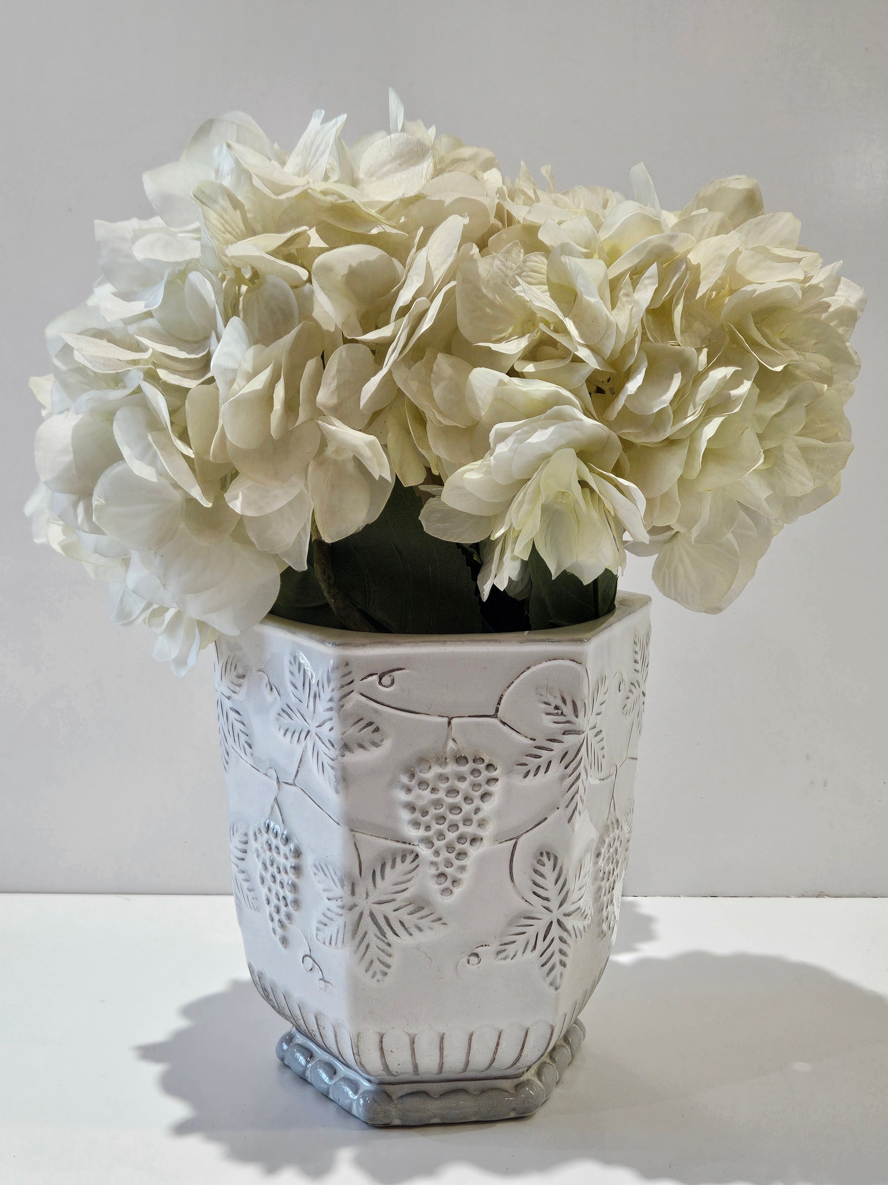 Pier 1 Imports Embossed Stoneware Floral Bird Vase Planter White Ceramic Cachepot