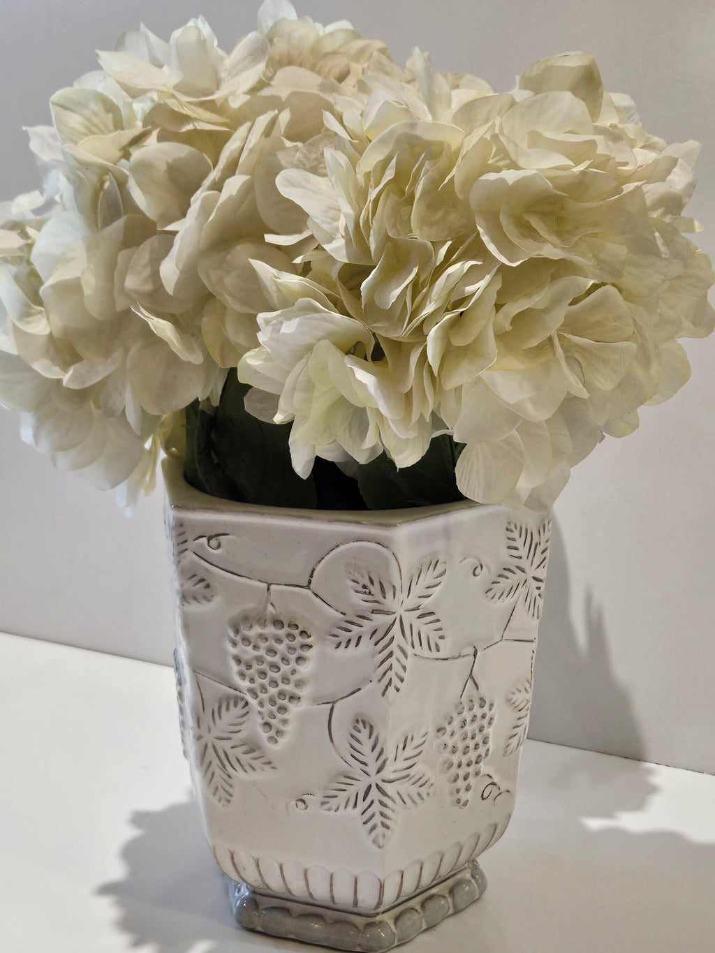 Pier 1 Imports Embossed Stoneware Floral Bird Vase Planter White Ceramic Cachepot