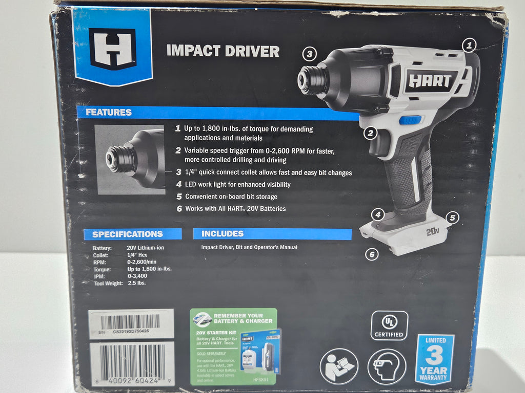 HART 20V Cordless Impact Driver HPID02 Tool Only 1/4" Hex Lithium-Ion Driver