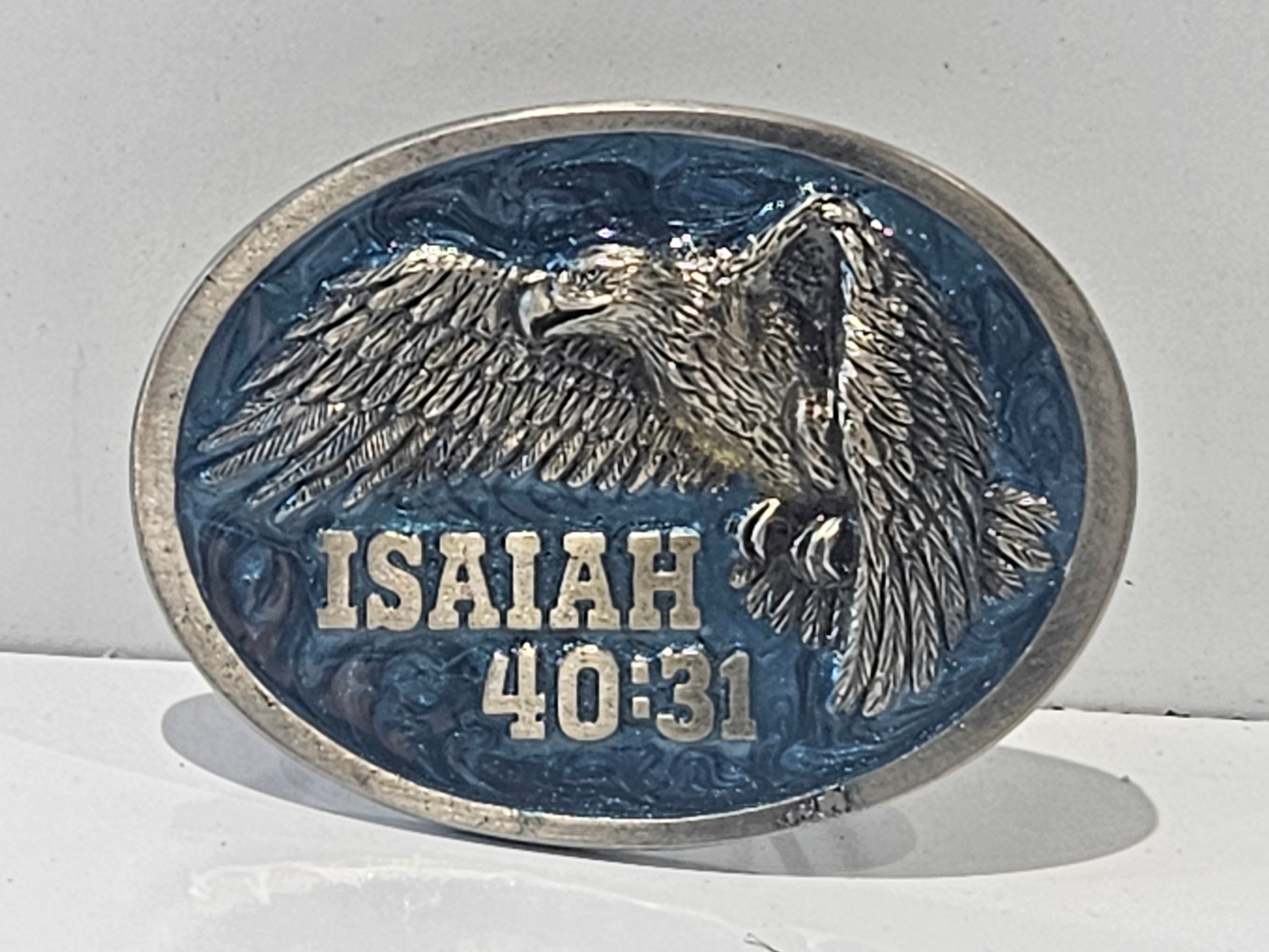 VTG Western Belt Buckle 3.25"X2.5" American Eagle Scripture Isaiah 40:31 NOS USA