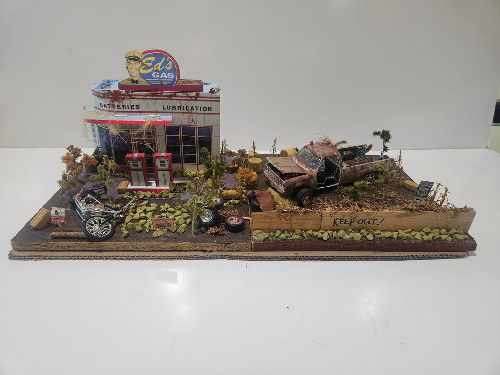 Vintage Handmade Route 66 Gas Station Diorama With Rat Rod Truck Motorcycle Display