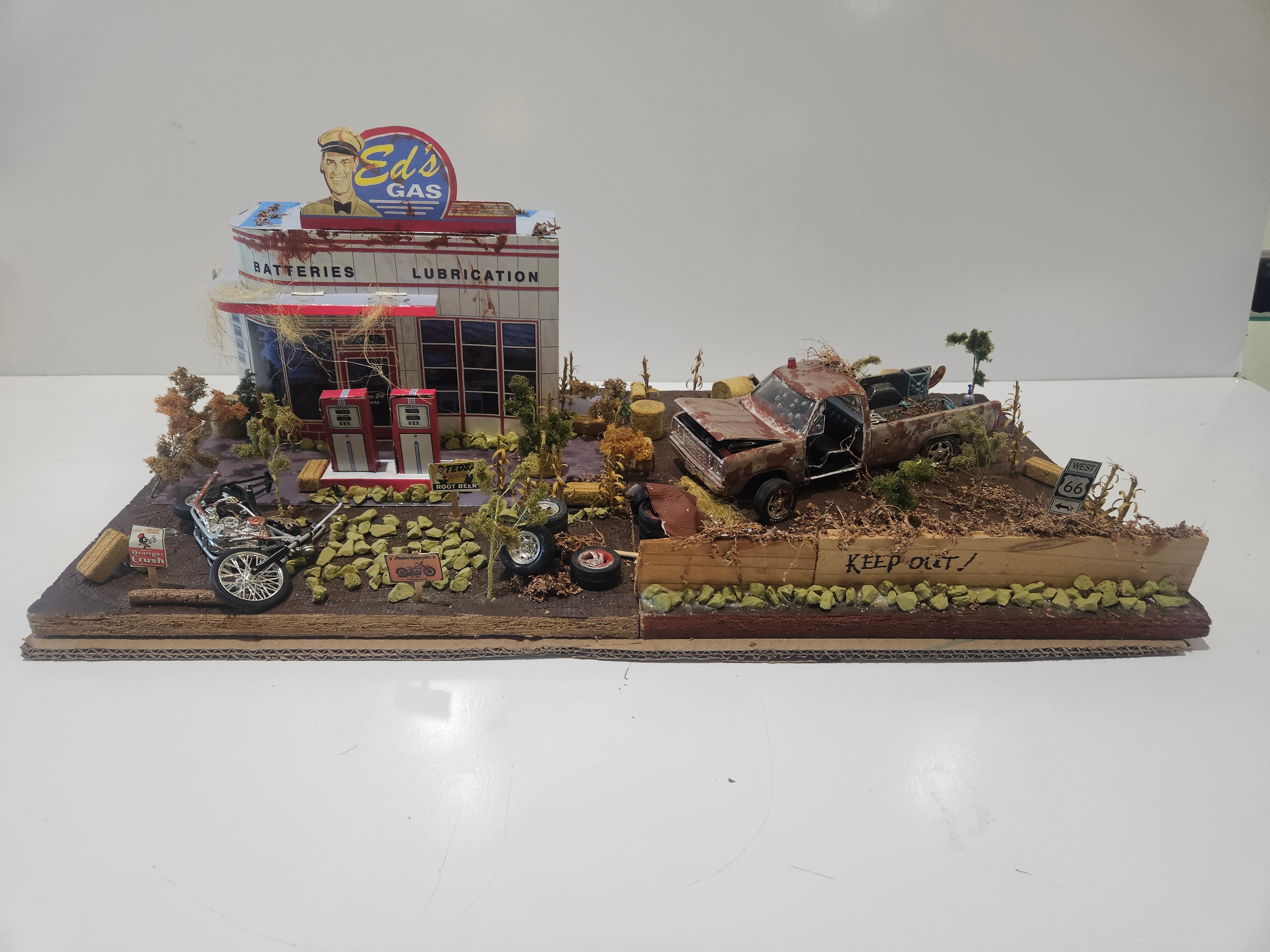 Vintage Handmade Route 66 Gas Station Diorama With Rat Rod Truck Motorcycle Display