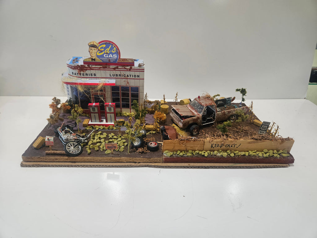 Vintage Handmade Route 66 Gas Station Diorama With Rat Rod Truck Motorcycle Display