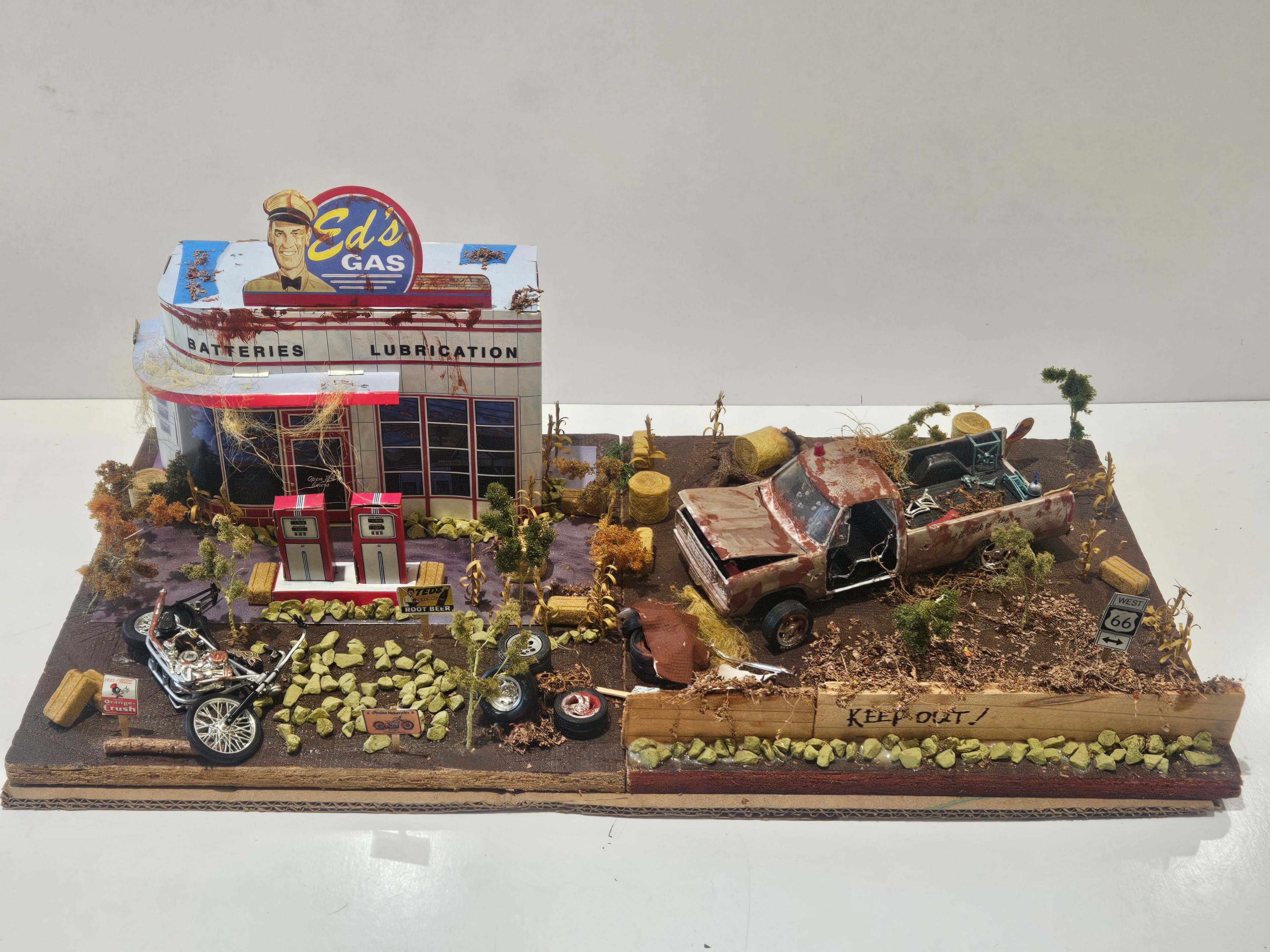 Vintage Handmade Route 66 Gas Station Diorama With Rat Rod Truck Motorcycle Display