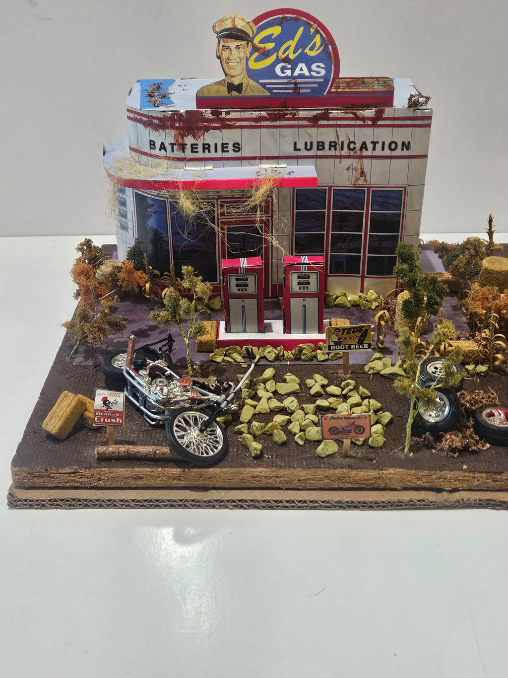 Vintage Handmade Route 66 Gas Station Diorama With Rat Rod Truck Motorcycle Display
