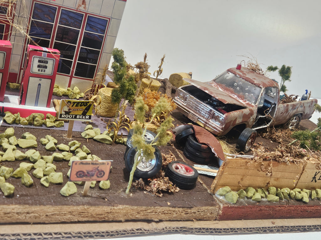 Vintage Handmade Route 66 Gas Station Diorama With Rat Rod Truck Motorcycle Display