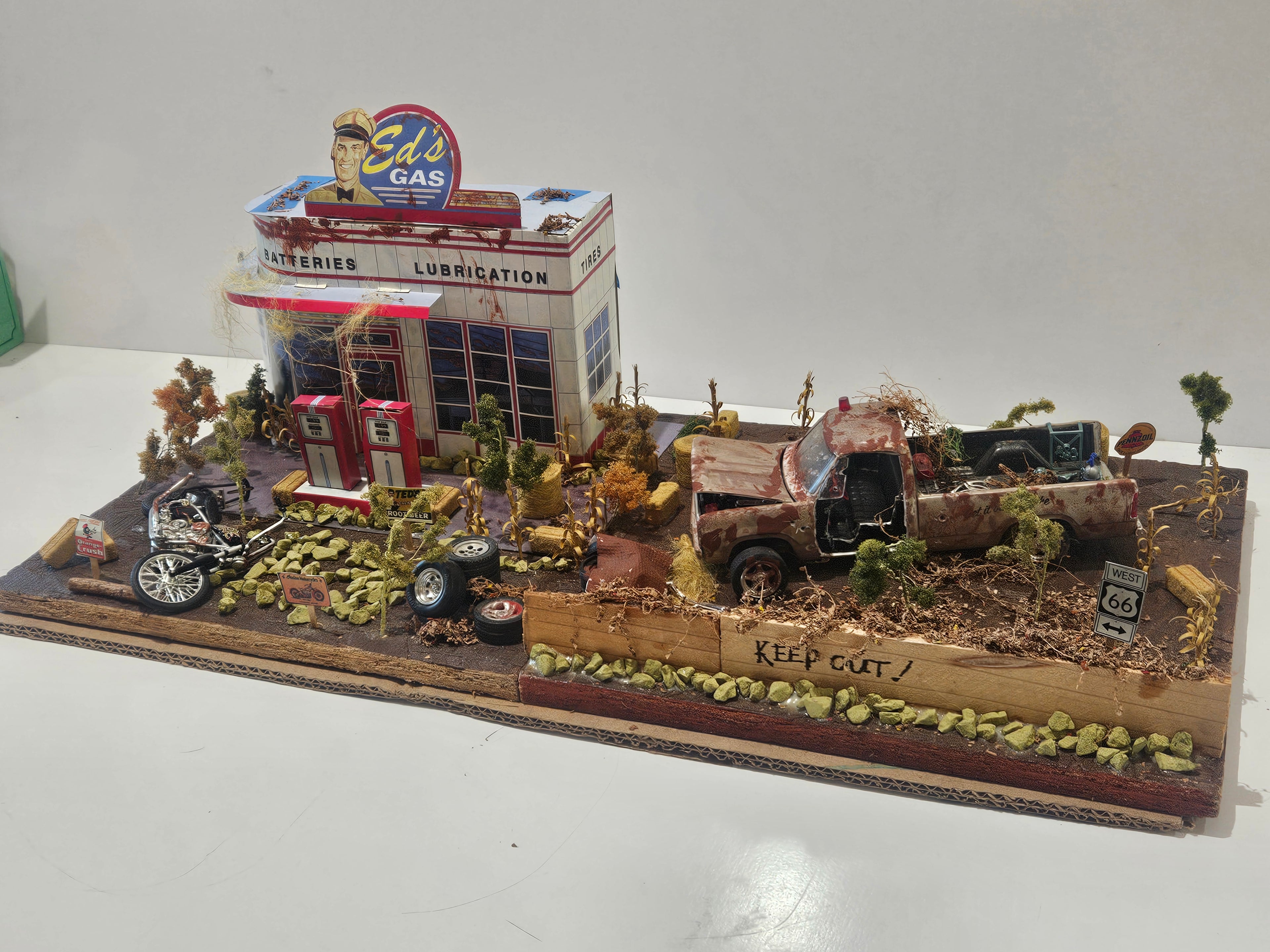Vintage Handmade Route 66 Gas Station Diorama With Rat Rod Truck Motorcycle Display