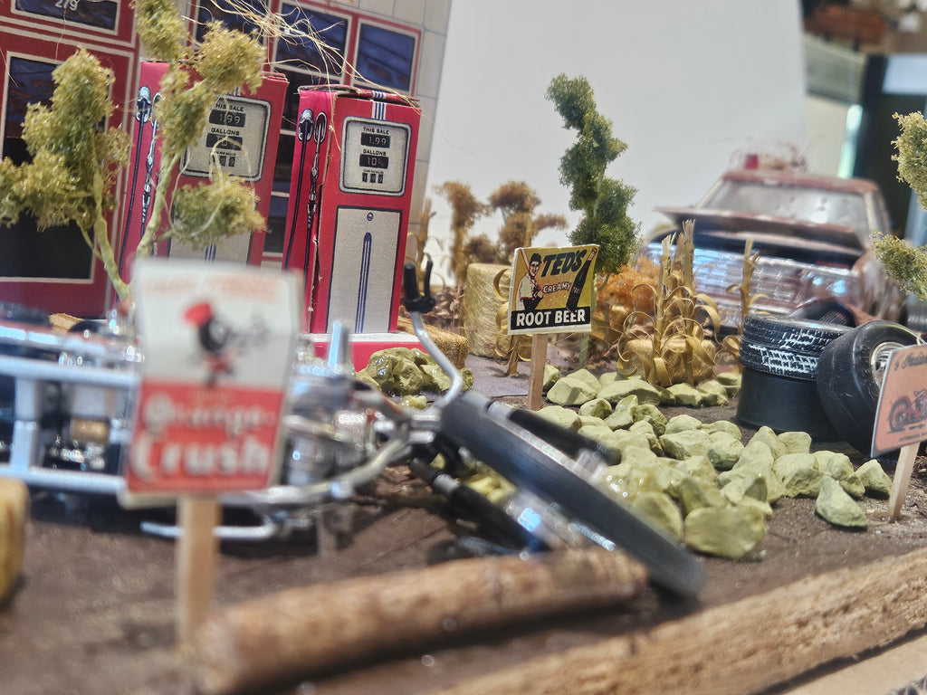 Vintage Handmade Route 66 Gas Station Diorama With Rat Rod Truck Motorcycle Display