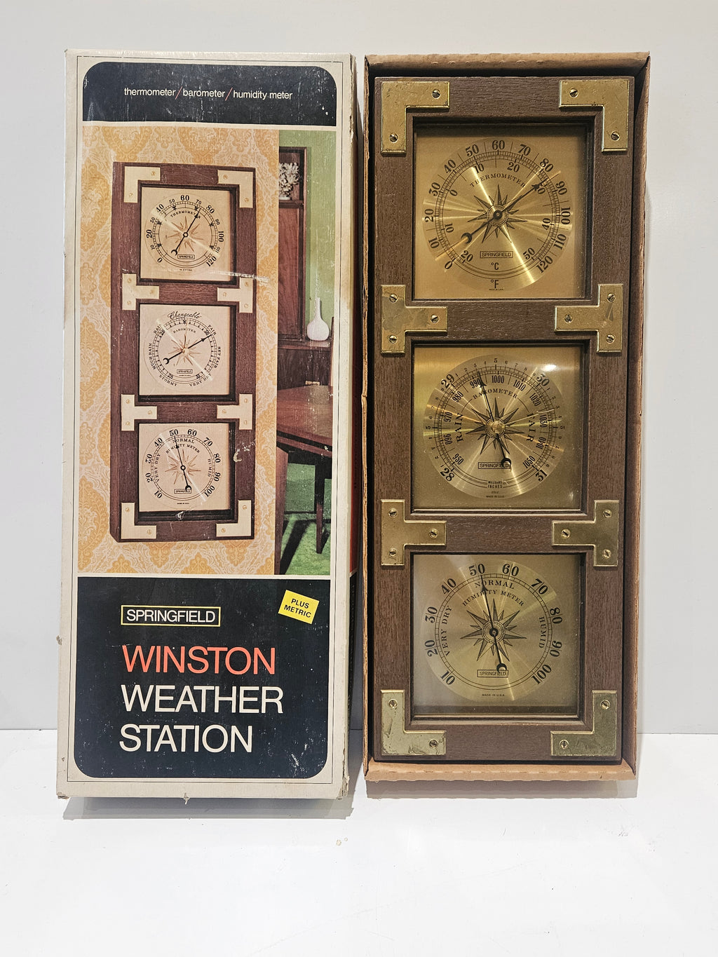 Vintage Springfield Winston Weather Station Thermometer Barometer Hygrometer USA NOS