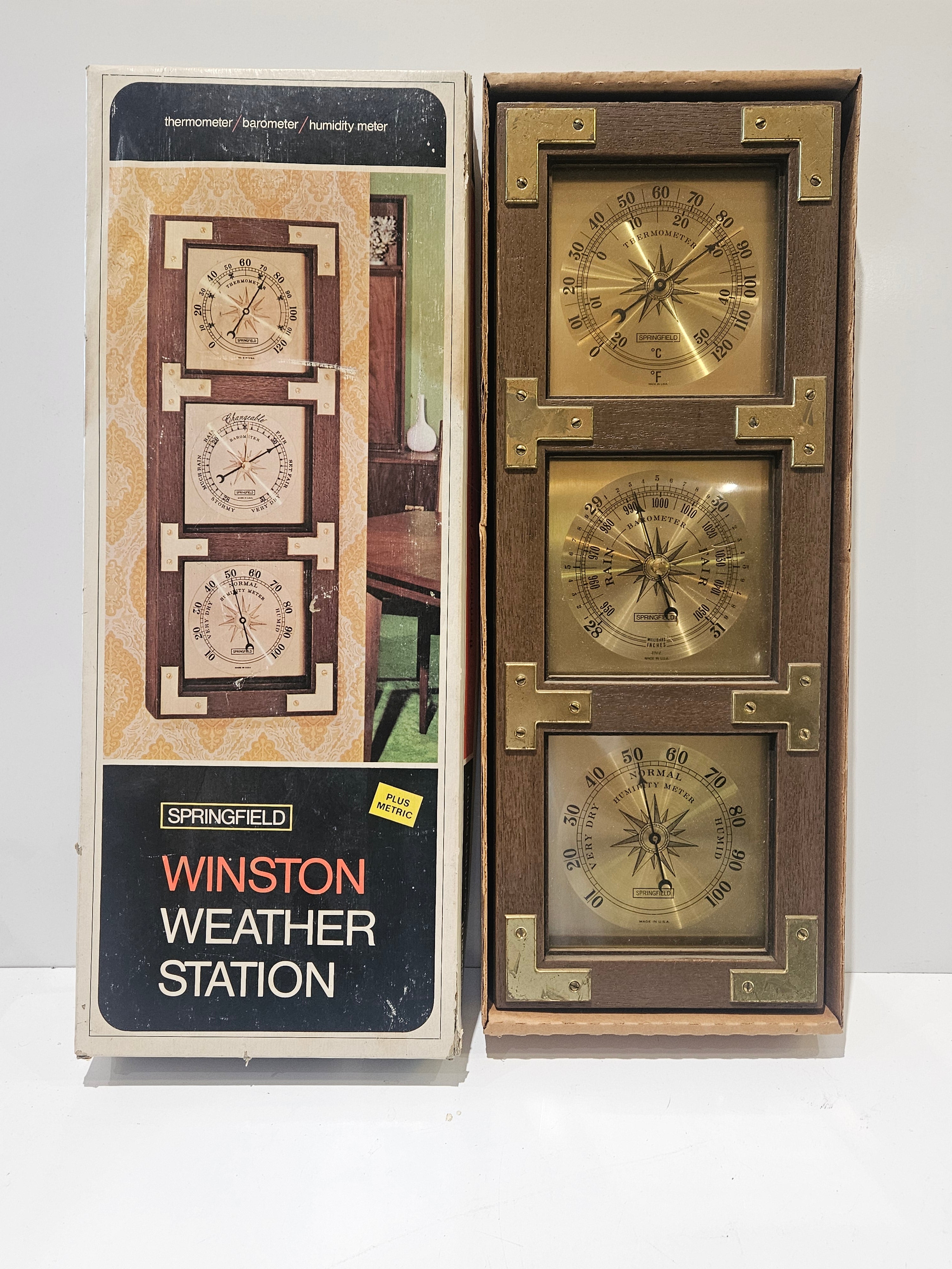 Vintage Springfield Winston Weather Station Thermometer Barometer Hygrometer USA NOS