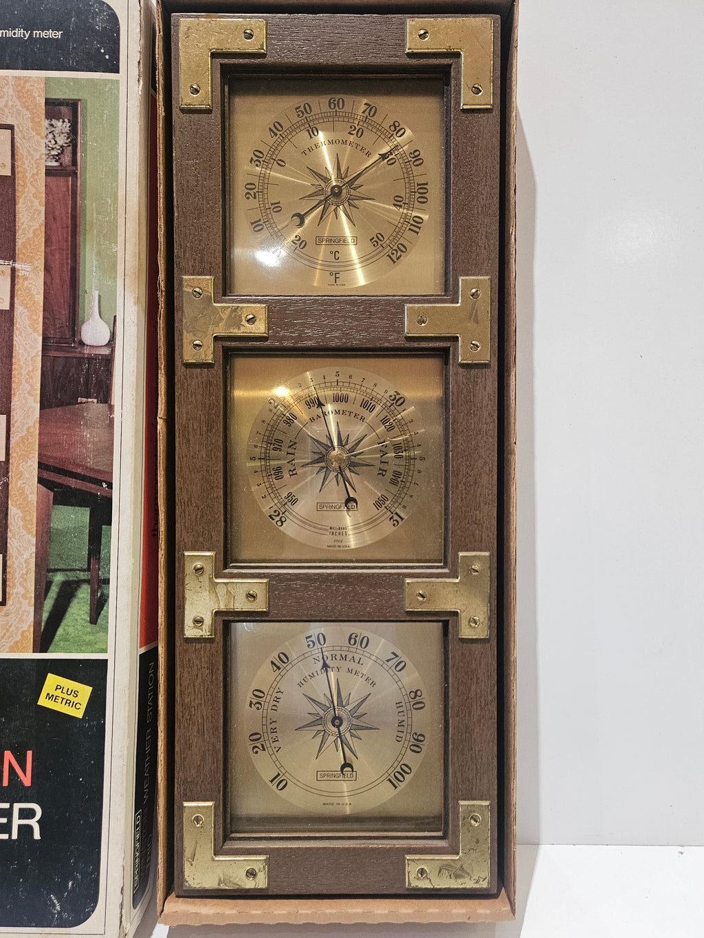 Vintage Springfield Winston Weather Station Thermometer Barometer Hygrometer USA NOS
