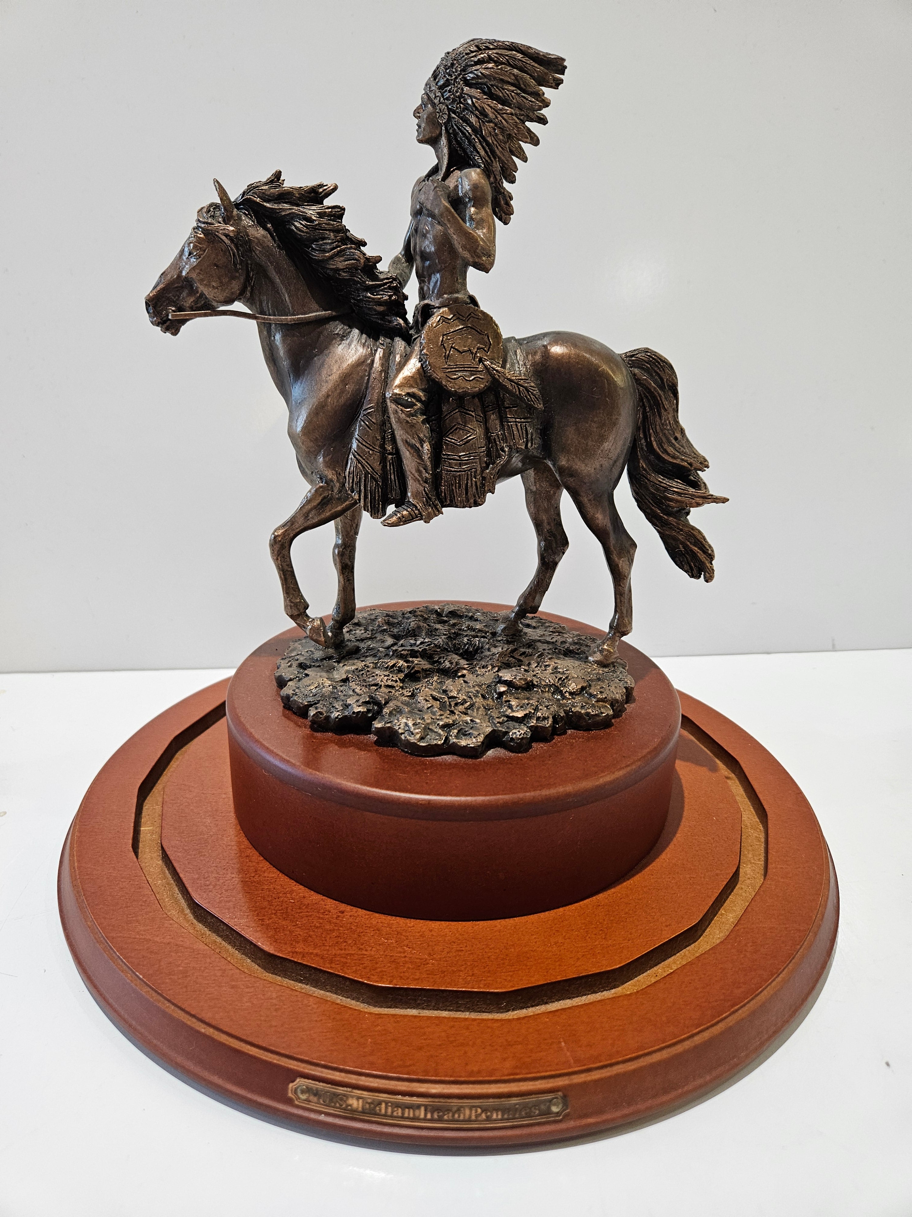 Western Native American Warrior On Horse Resin Statue On Wood Display Base Decor