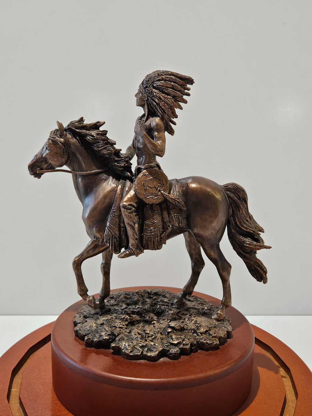 Western Native American Warrior On Horse Resin Statue On Wood Display Base Decor