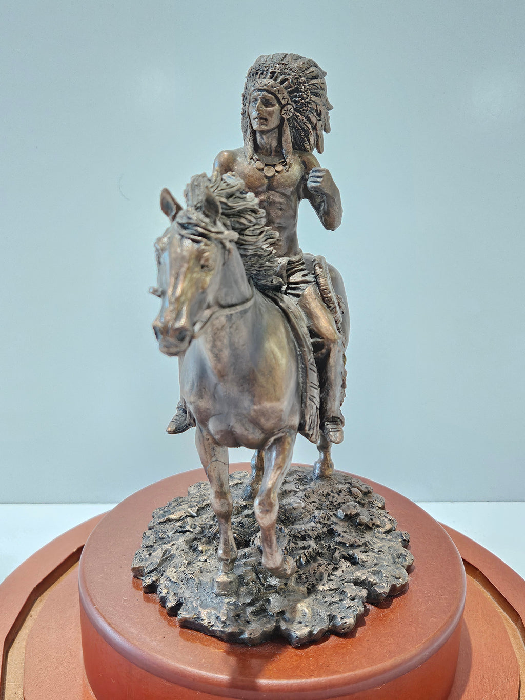 Western Native American Warrior On Horse Resin Statue On Wood Display Base Decor