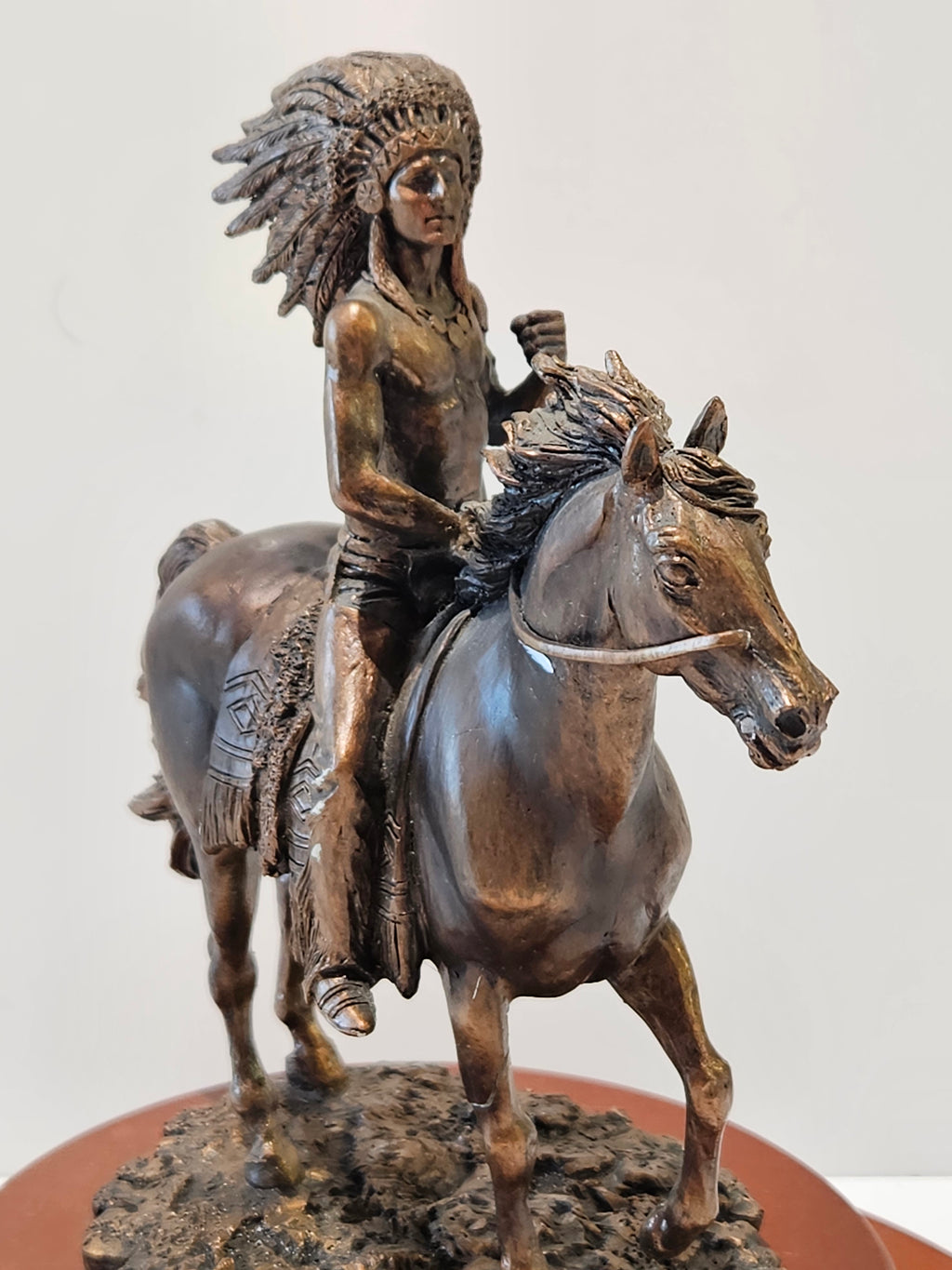 Western Native American Warrior On Horse Resin Statue On Wood Display Base Decor