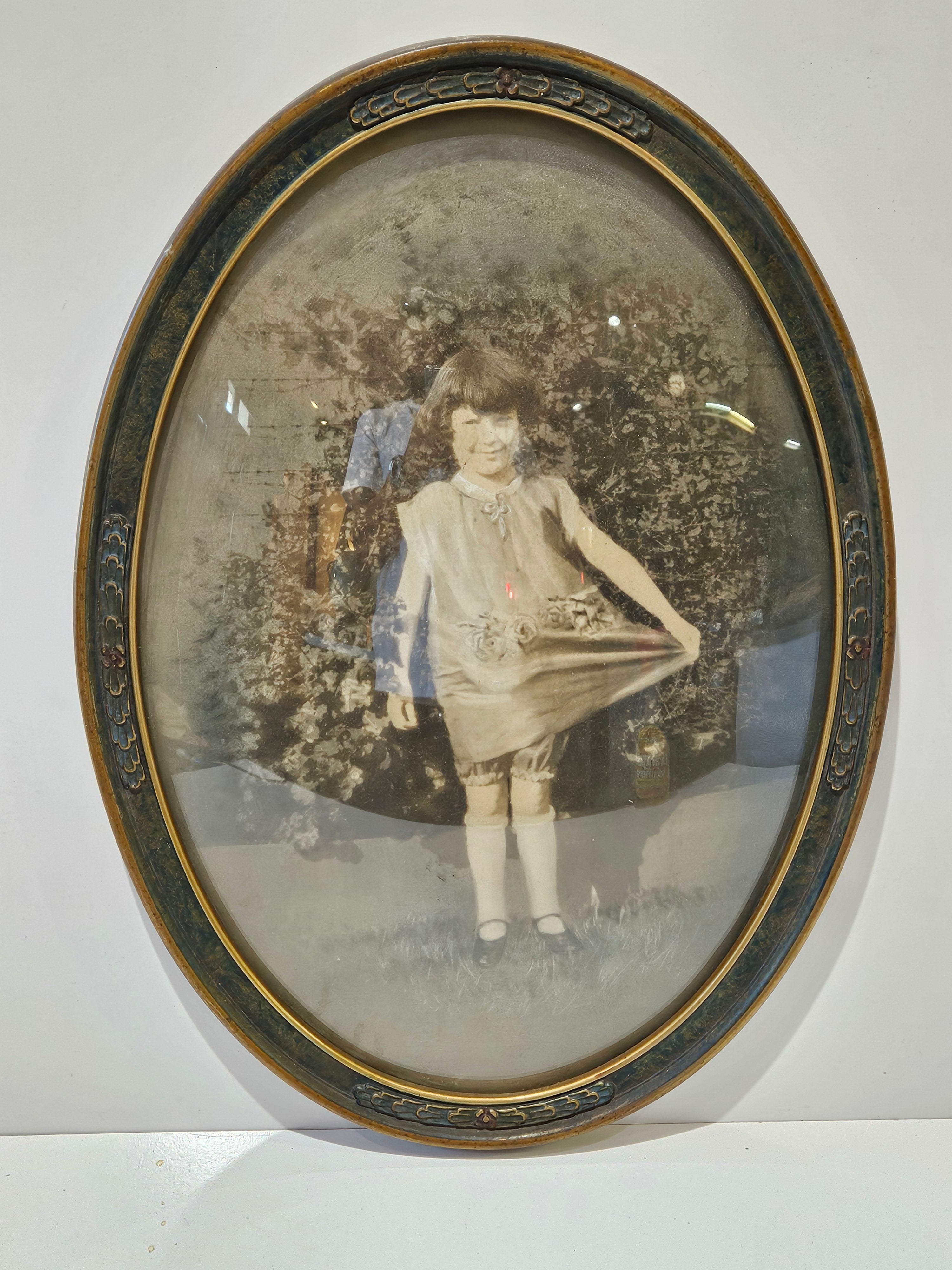 Vintage Oval Framed Sepia Portrait Photograph Young Girl Convex Bubble Glass Wall Art