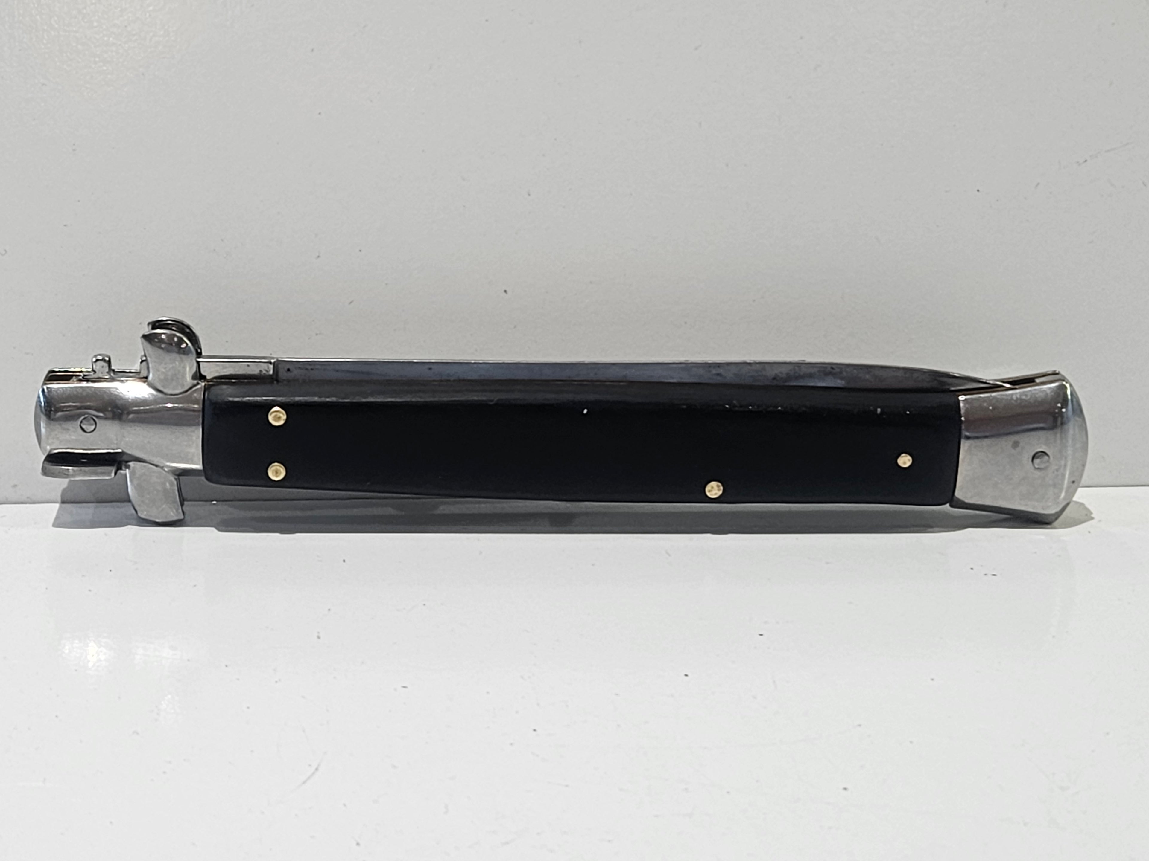 AKC Italy Stainless Steel 13" Swing Guard Stiletto Folding Knife Black Handle