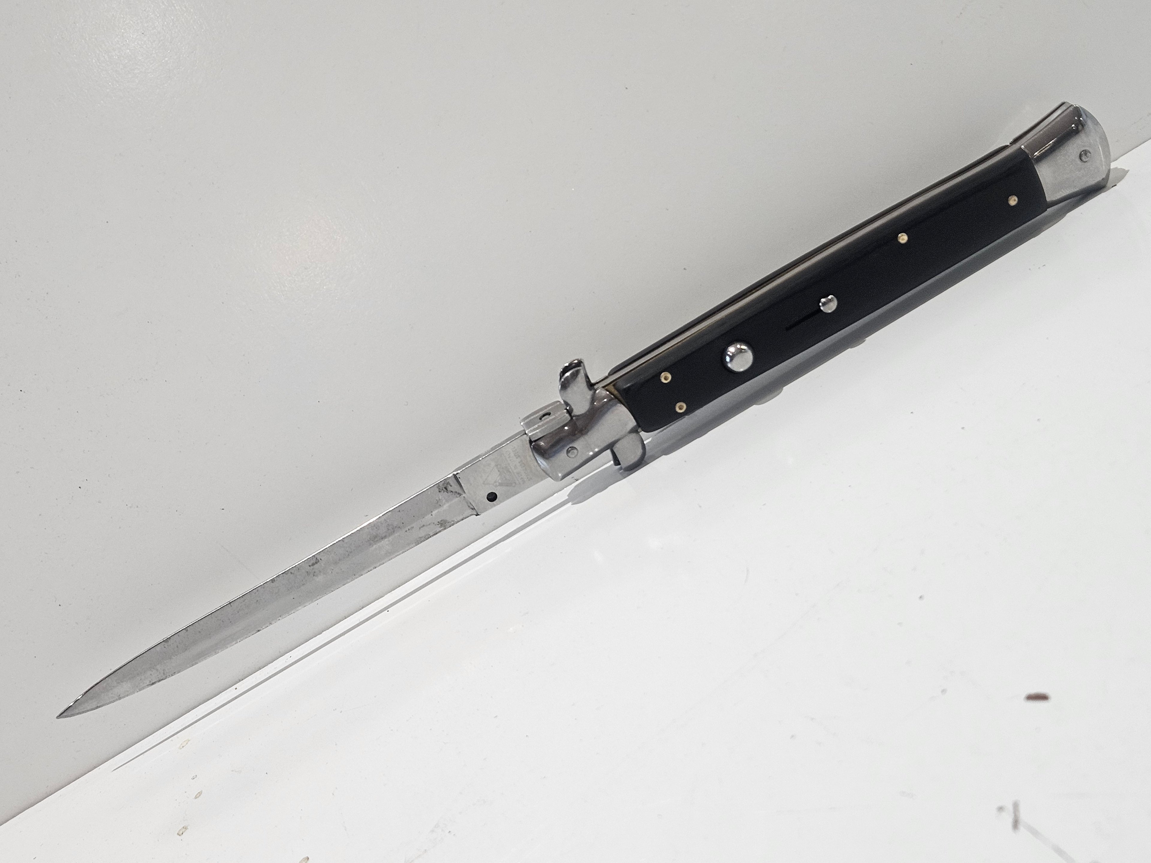 AKC Italy Stainless Steel 13" Swing Guard Stiletto Folding Knife Black Handle
