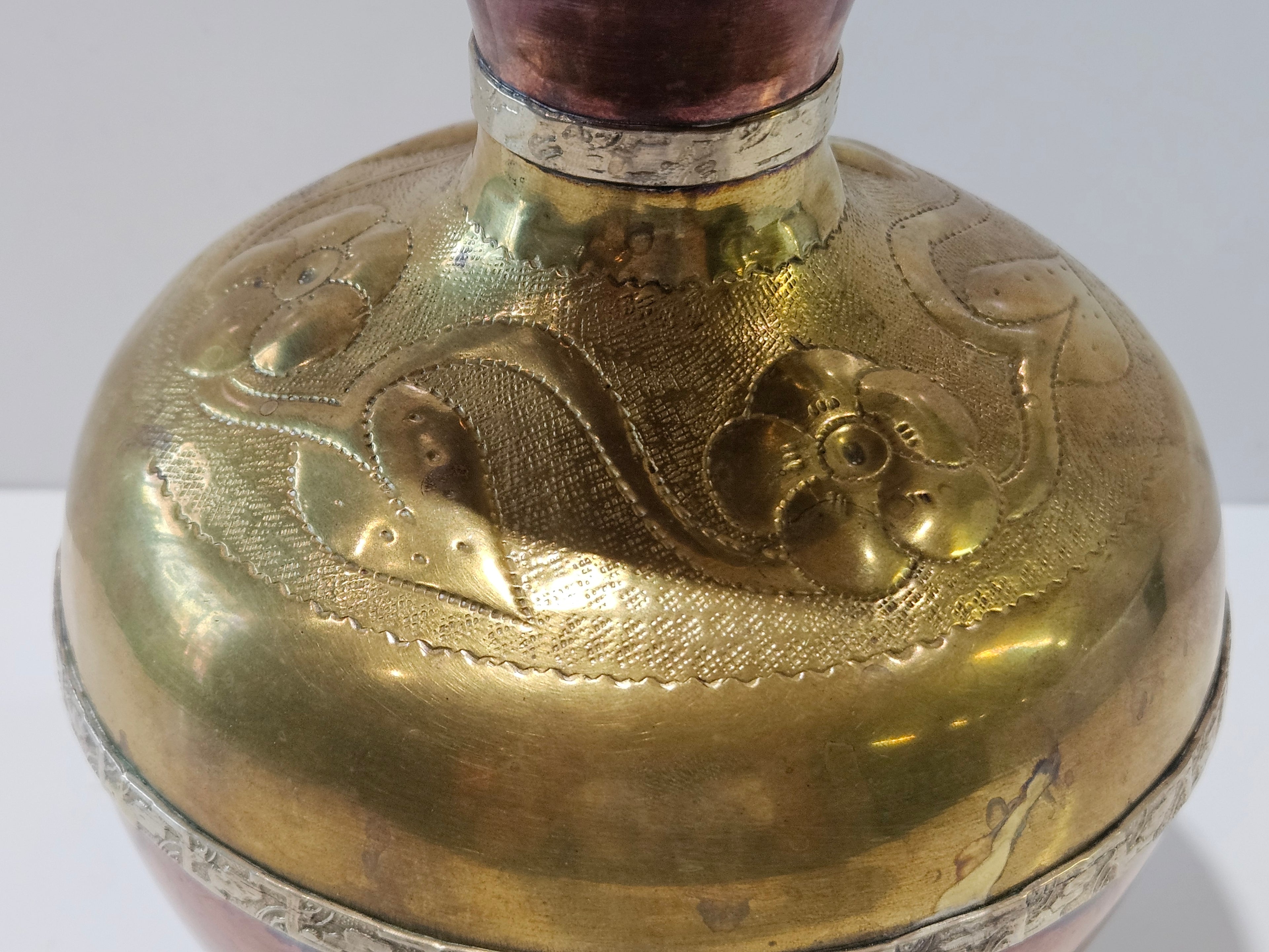 Vintage Handcrafted Brass & Copper Floral Etched Decorative Vase Home Décor Urn