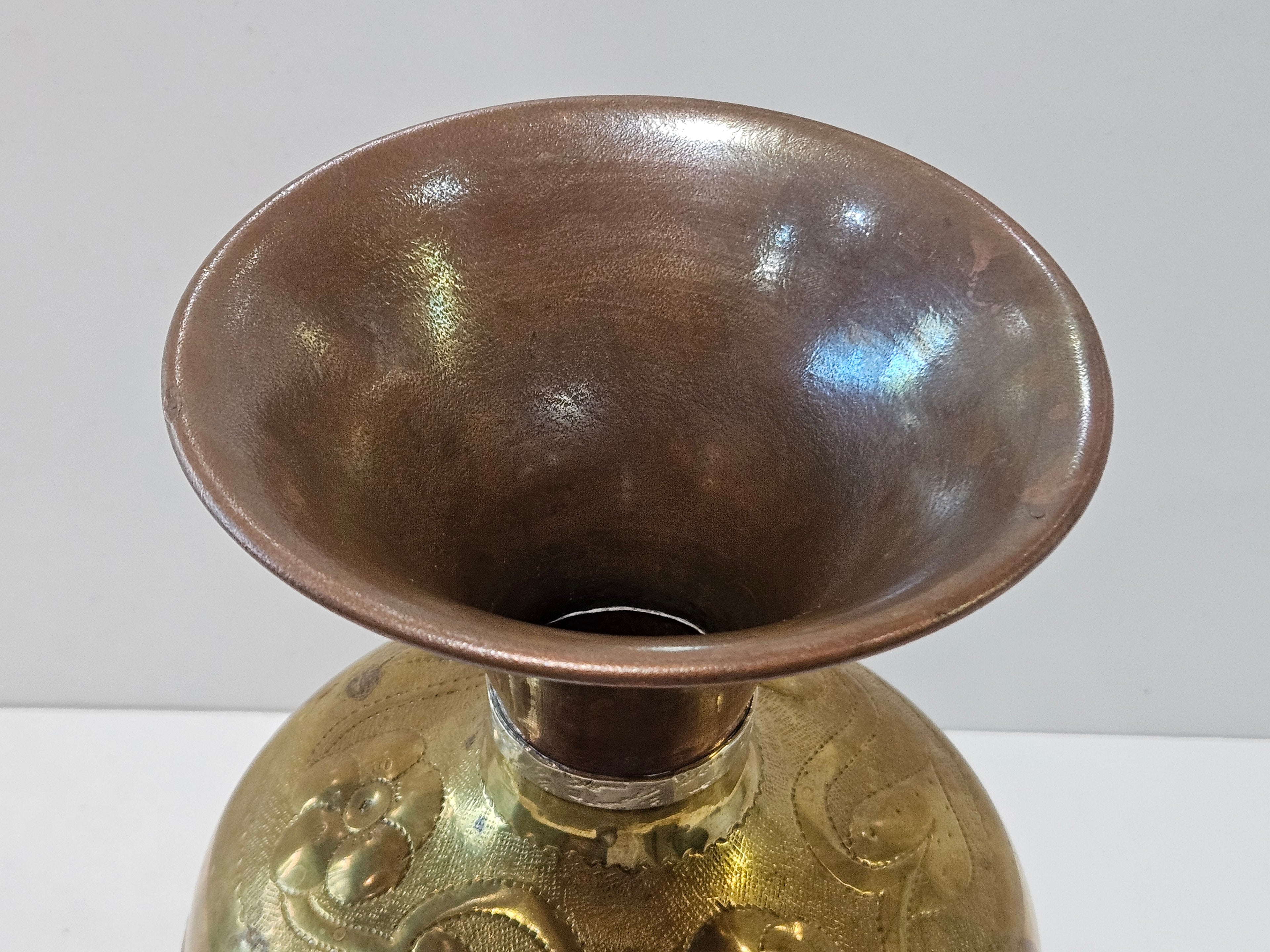 Vintage Handcrafted Brass & Copper Floral Etched Decorative Vase Home Décor Urn