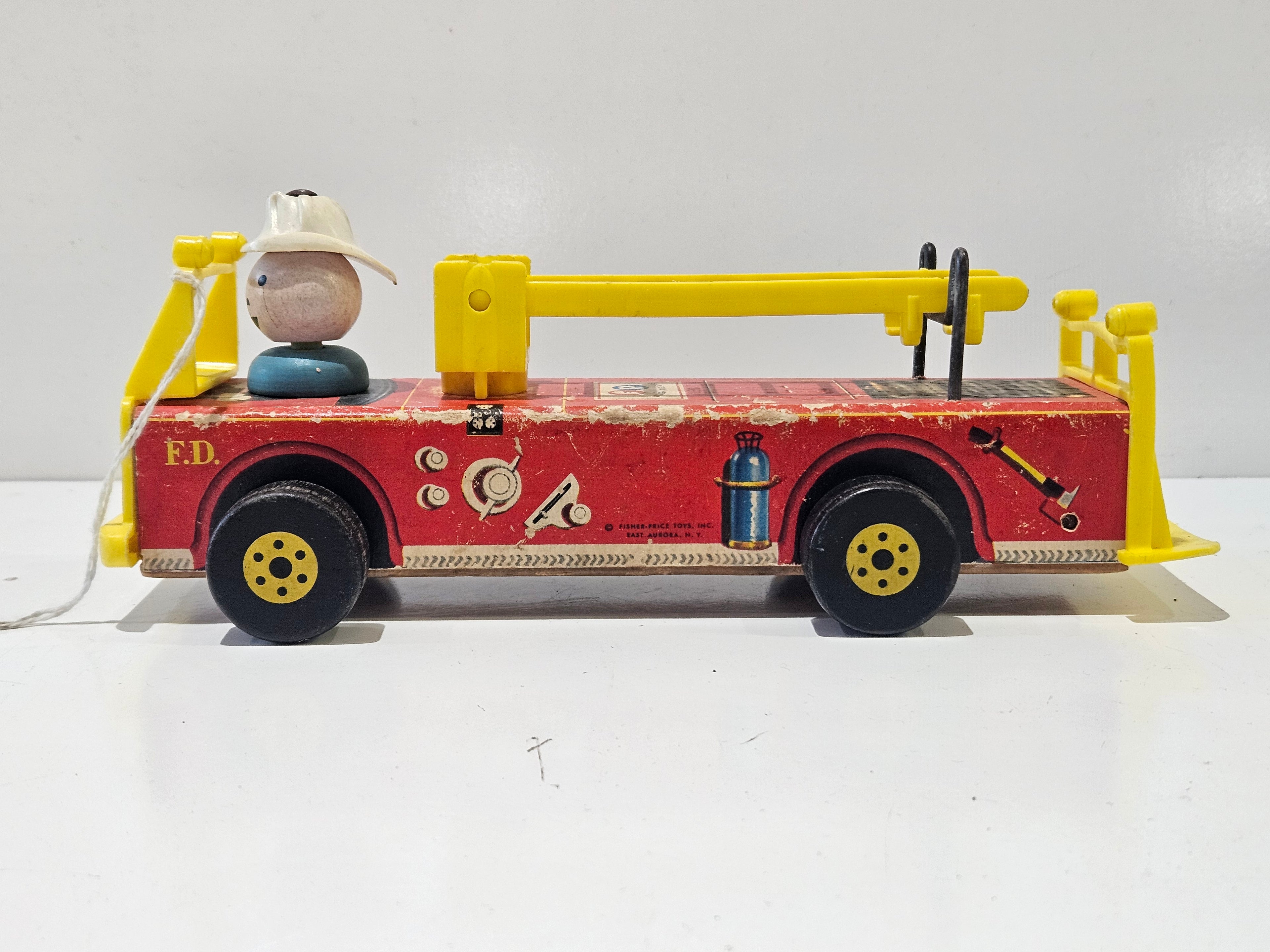Vintage Fisher-Price Wooden Fire Truck Pull Toy Little People Fire Engine No. 718