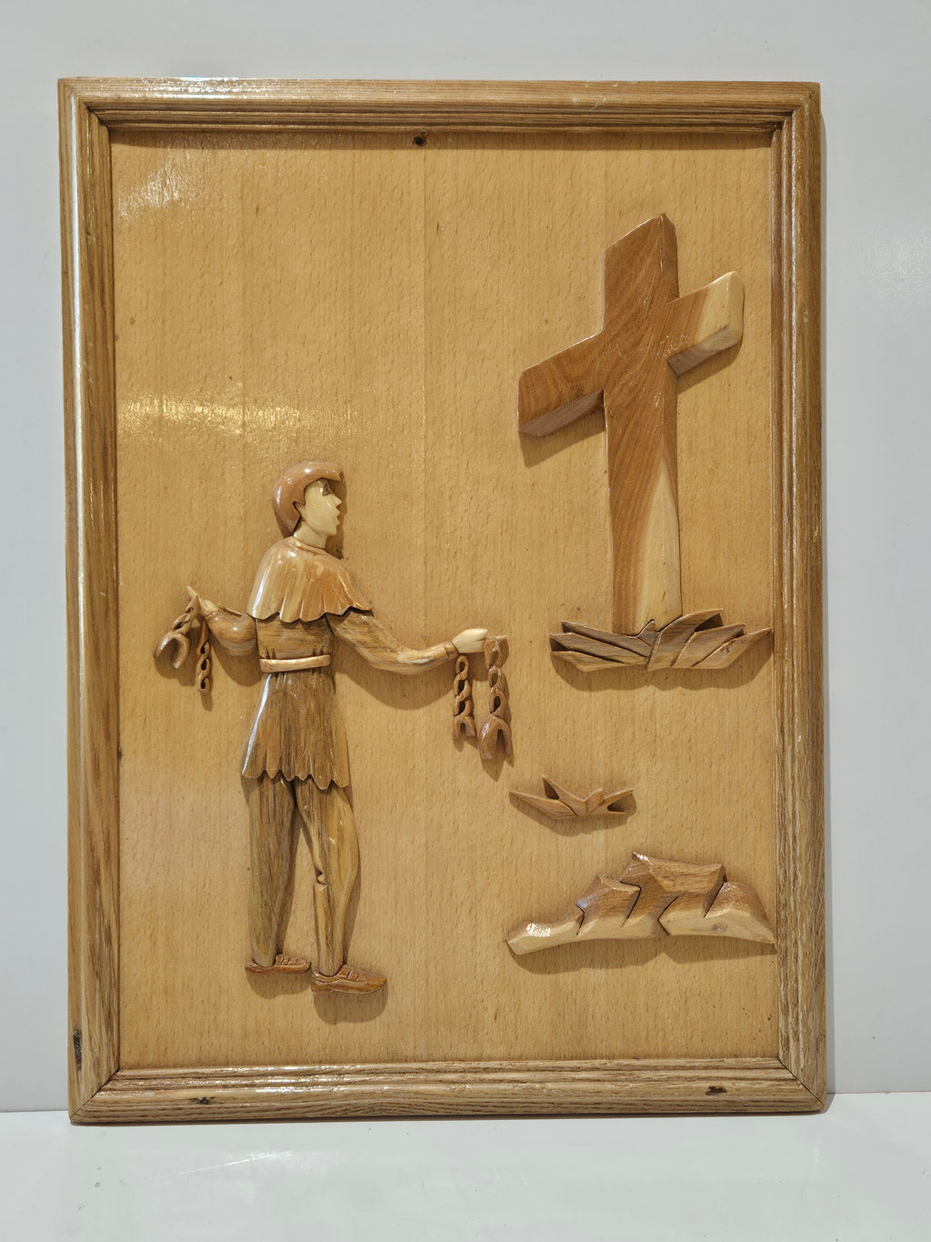 Handcrafted Wooden Religious Wall Plaque Christian Cross Folk Art Relief Decor Framed