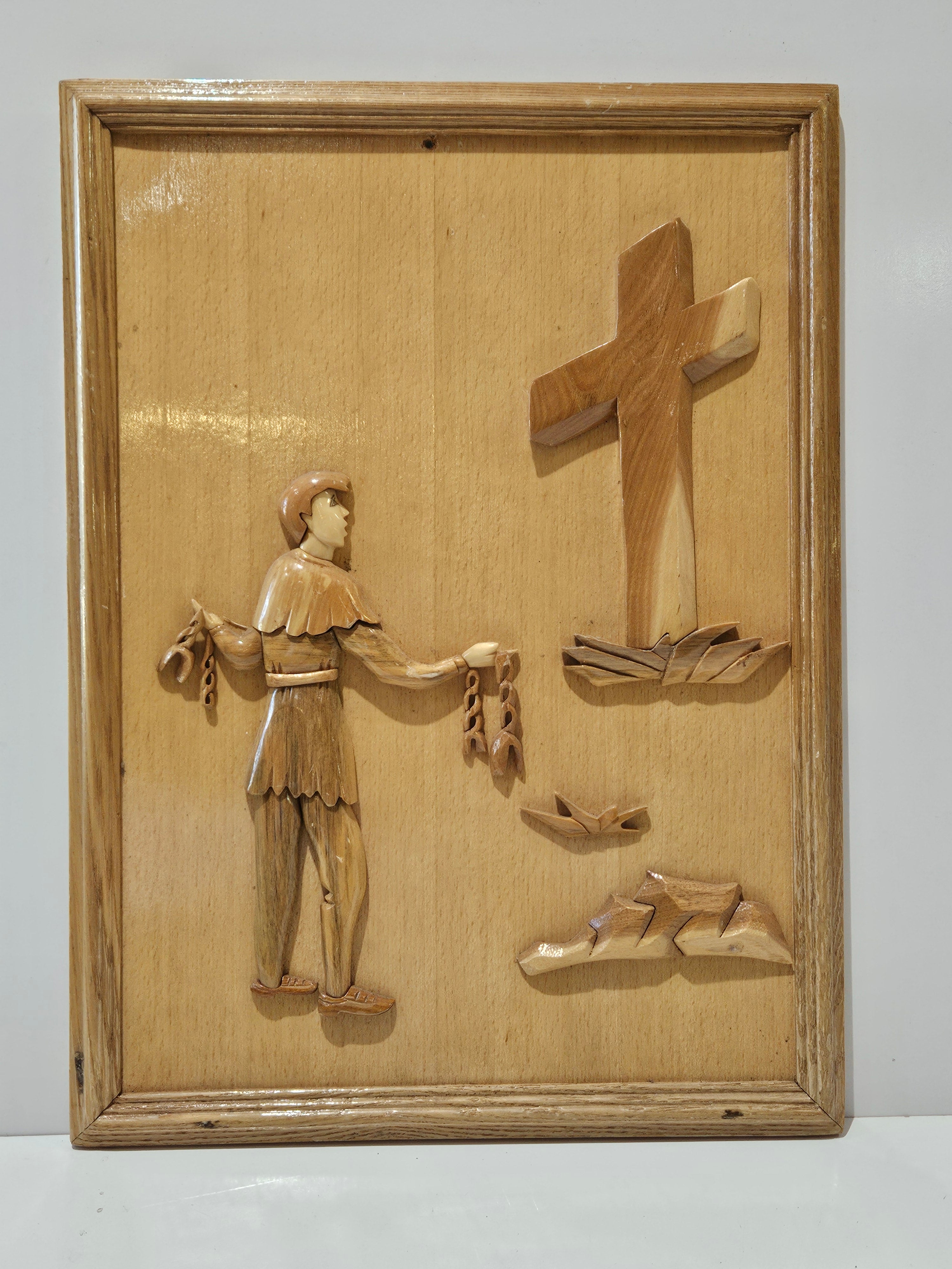 Handcrafted Wooden Religious Wall Plaque Christian Cross Folk Art Relief Decor Framed