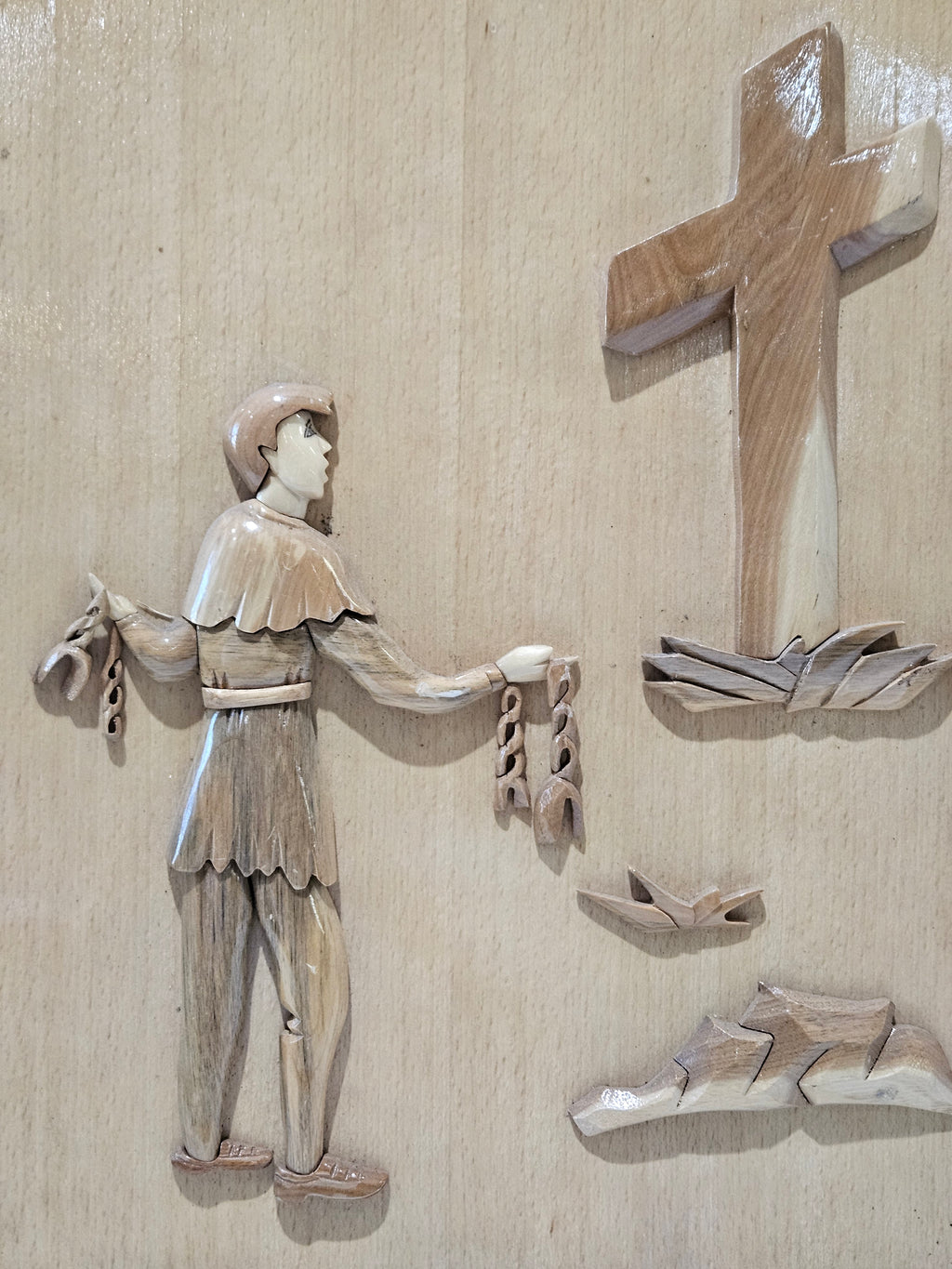 Handcrafted Wooden Religious Wall Plaque Christian Cross Folk Art Relief Decor Framed