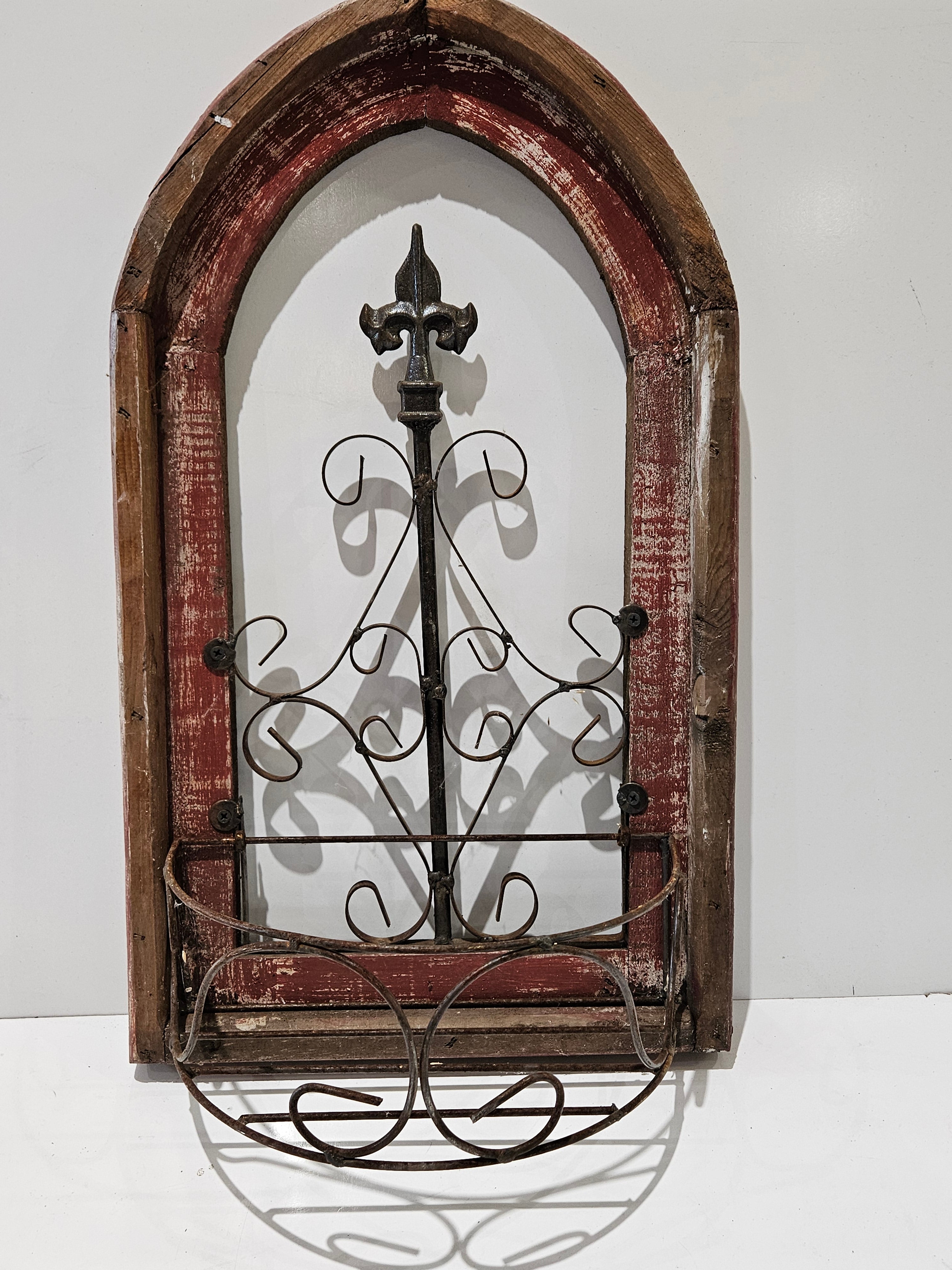 Rustic Gothic Arch Wooden Wall Shelf Fleur De Lis Metal Farmhouse Decor Organizer