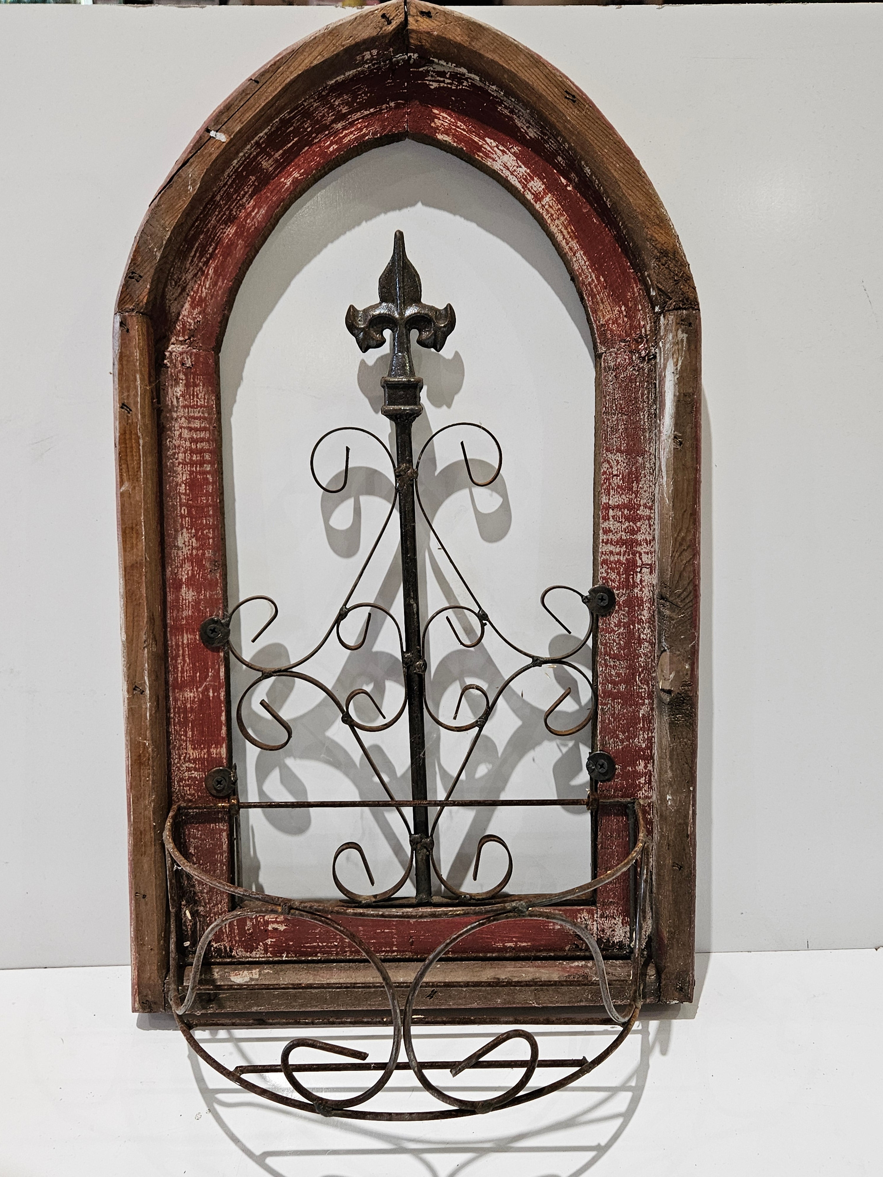 Rustic Gothic Arch Wooden Wall Shelf Fleur De Lis Metal Farmhouse Decor Organizer