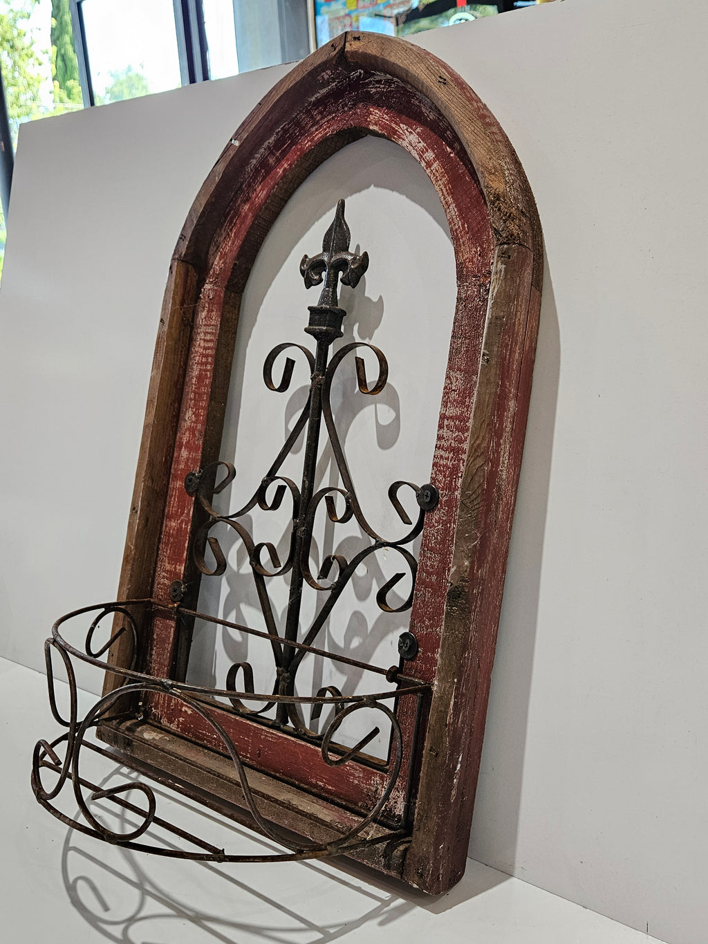 Rustic Gothic Arch Wooden Wall Shelf Fleur De Lis Metal Farmhouse Decor Organizer