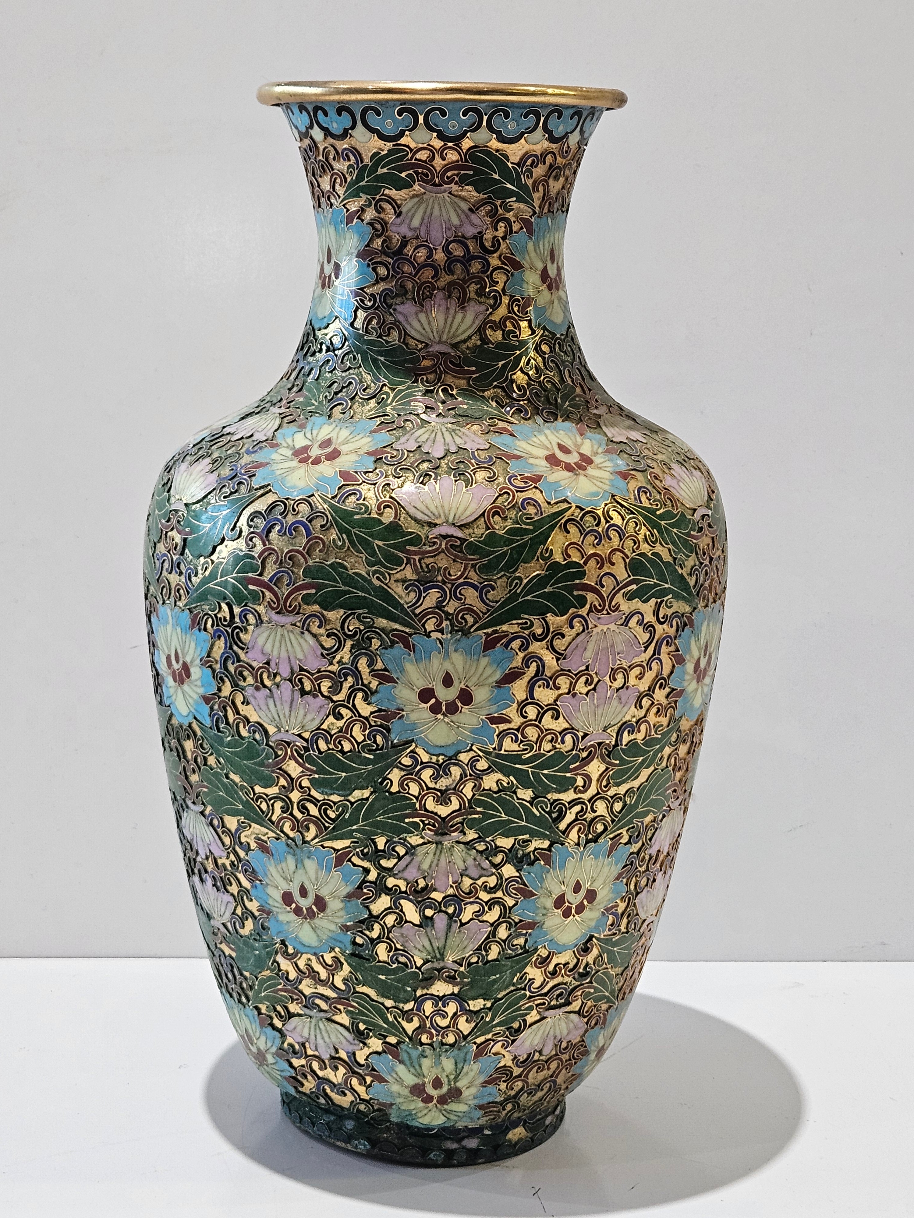 Large Vintage Chinese Cloisonné Enamel Floral Brass Vase Decorative Collectible