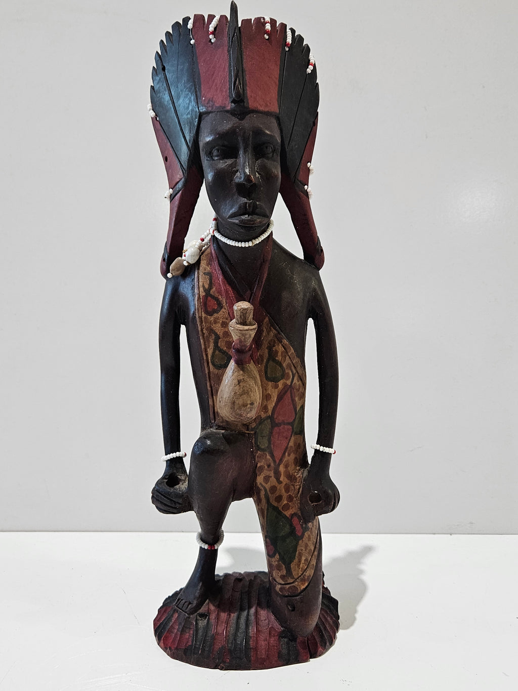 Hand Carved Tribal Chief Wood Statue Beaded Figure Folk Art Decorative Sculpture