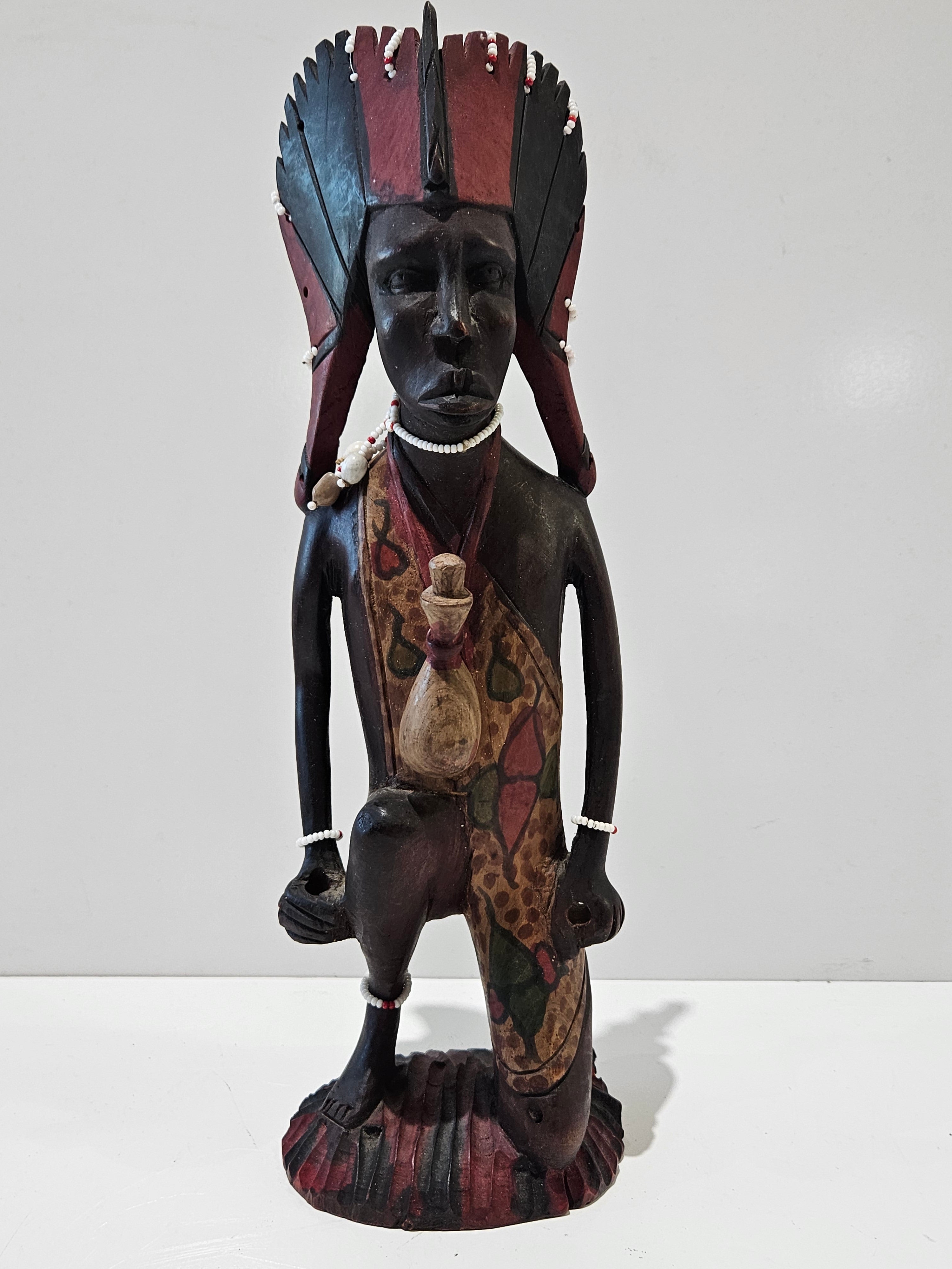 Hand Carved Tribal Chief Wood Statue Beaded Figure Folk Art Decorative Sculpture