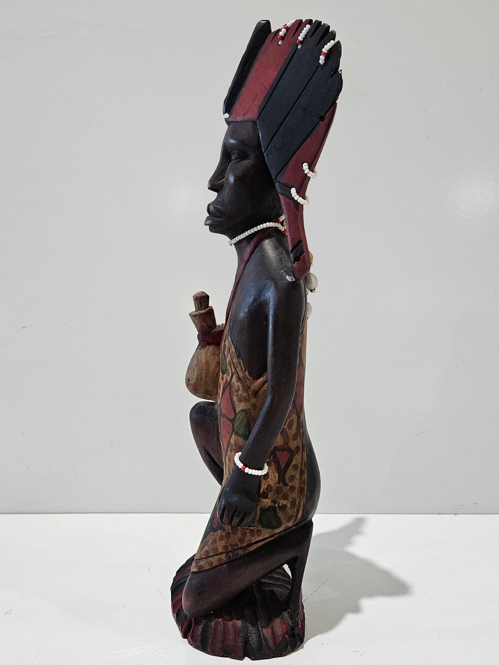 Hand Carved Tribal Chief Wood Statue Beaded Figure Folk Art Decorative Sculpture
