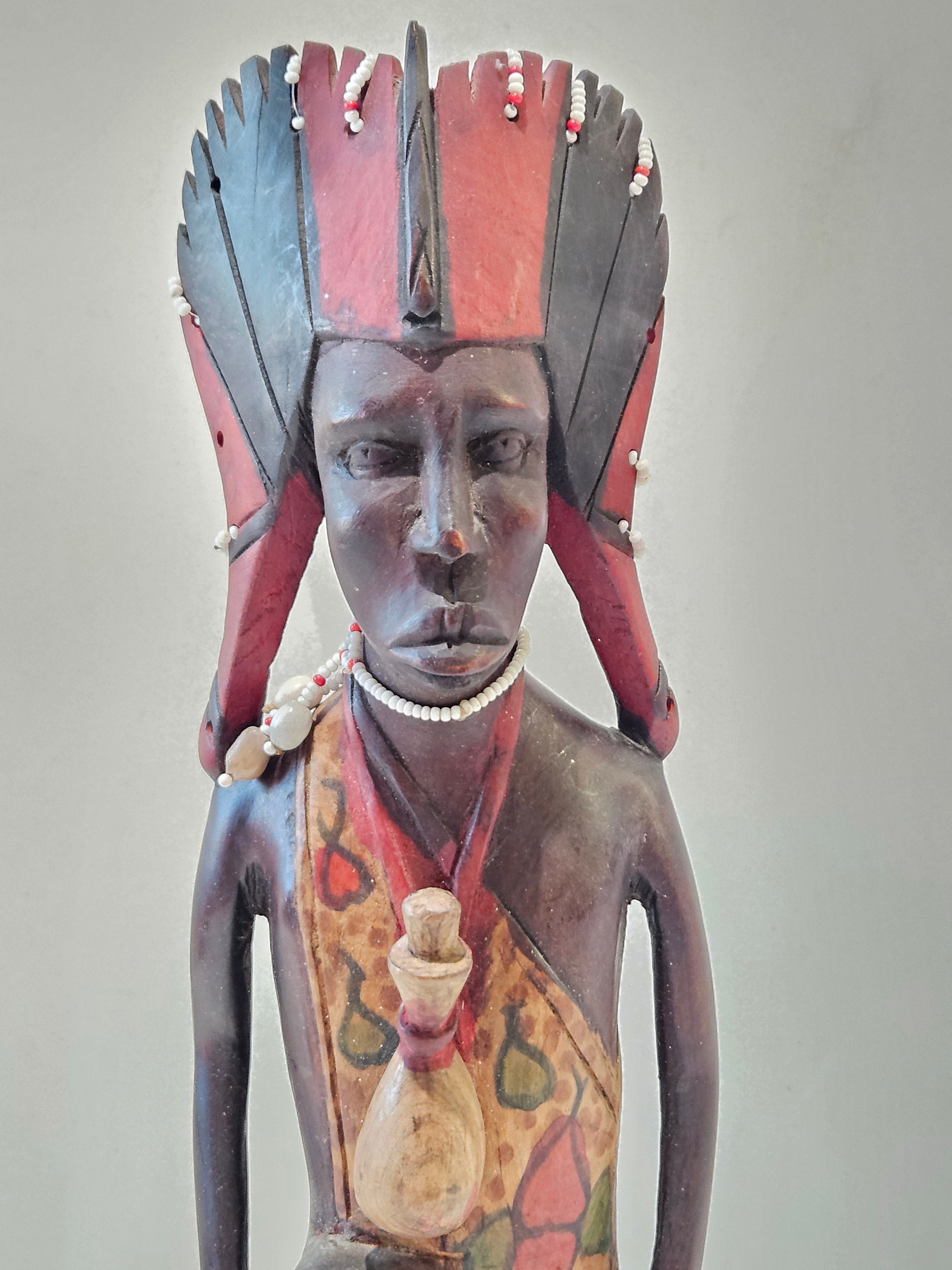Hand Carved Tribal Chief Wood Statue Beaded Figure Folk Art Decorative Sculpture