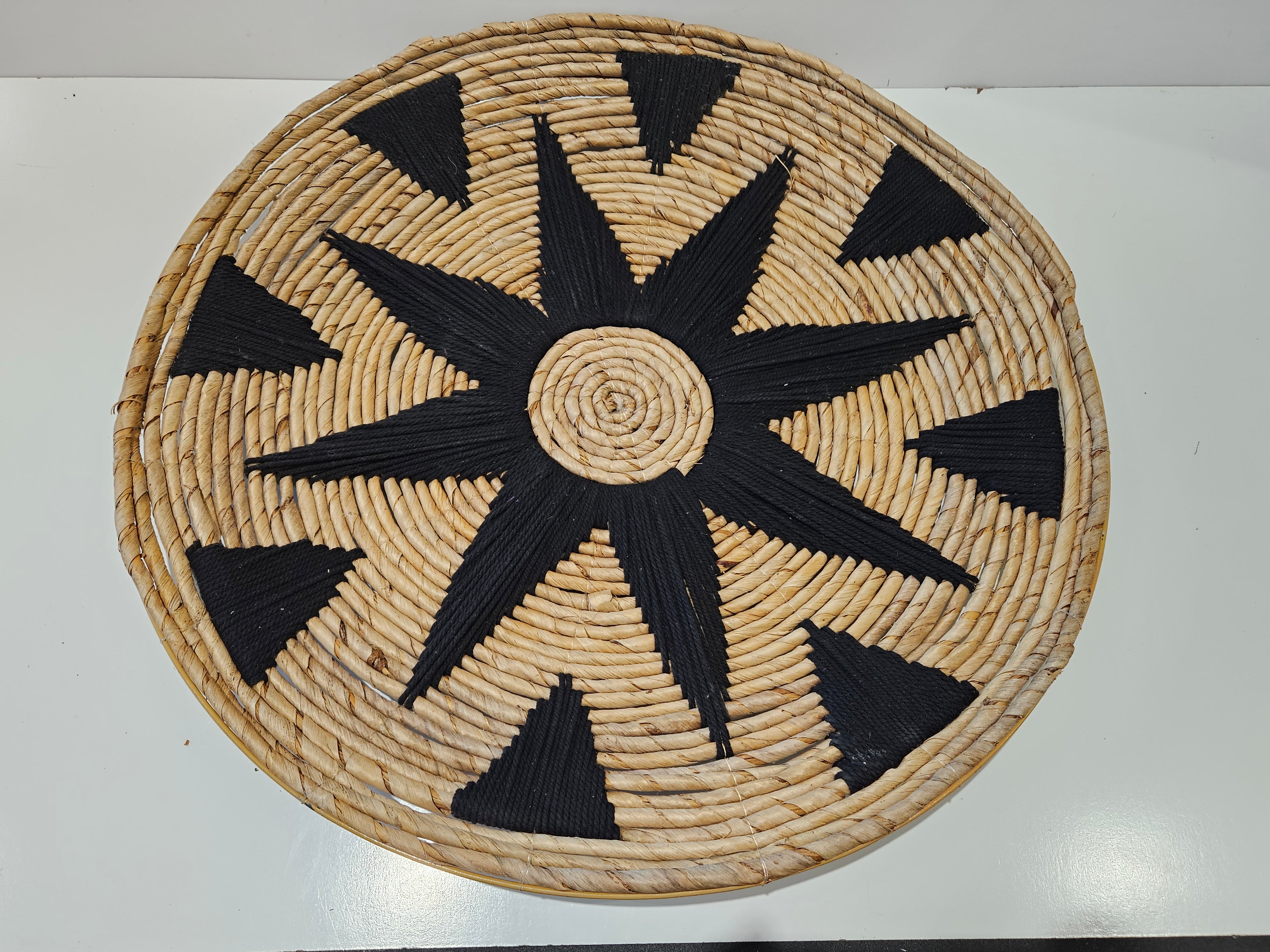 Vintage Handwoven Black Natural Fiber Decorative Basket Wall Tray Boho Wicker Art