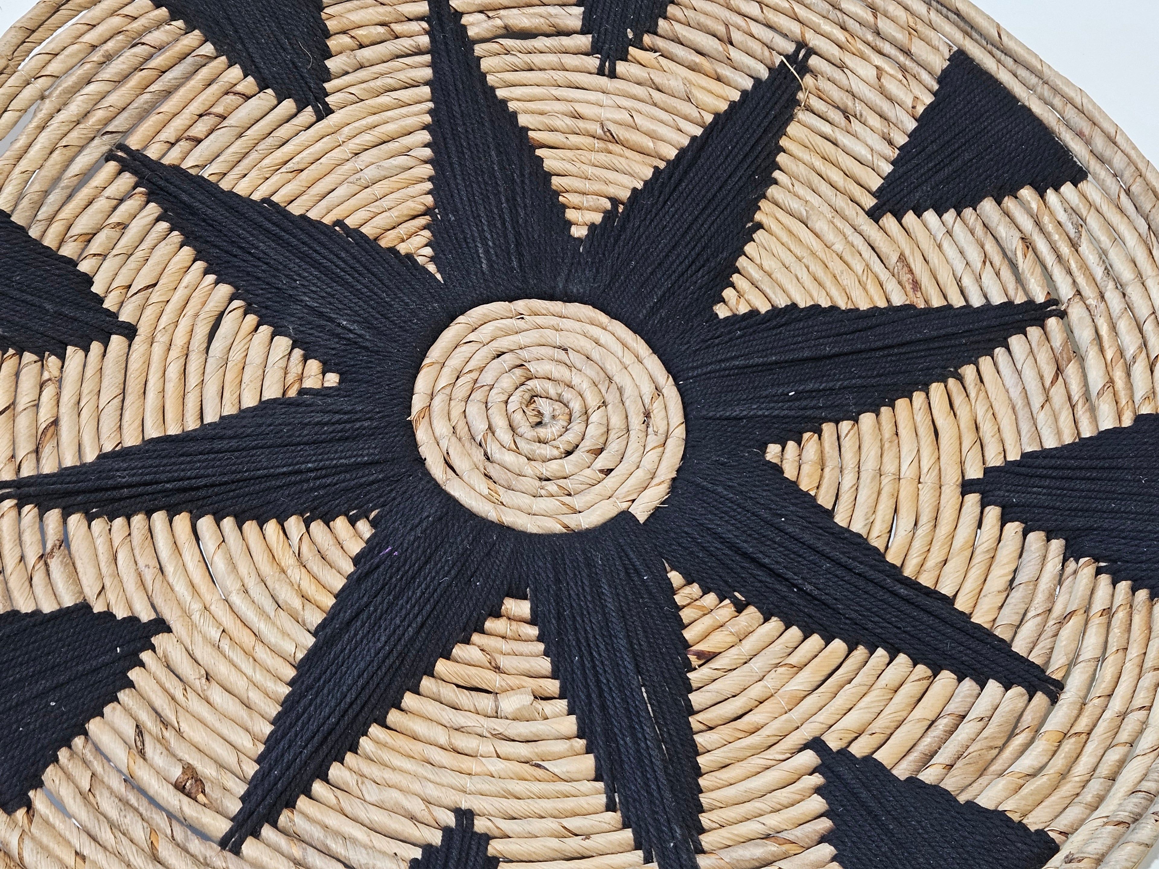 Vintage Handwoven Black Natural Fiber Decorative Basket Wall Tray Boho Wicker Art