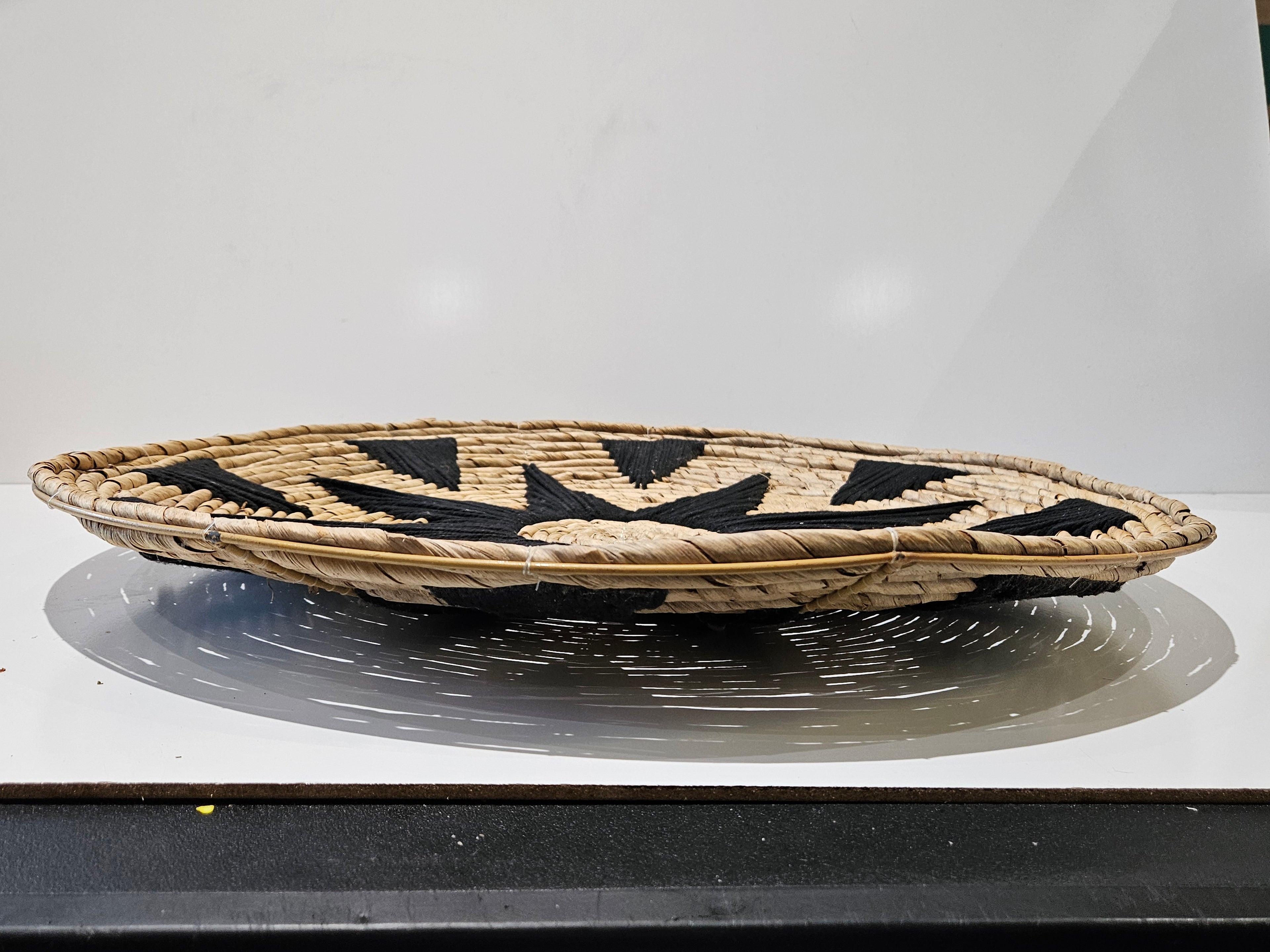 Vintage Handwoven Black Natural Fiber Decorative Basket Wall Tray Boho Wicker Art