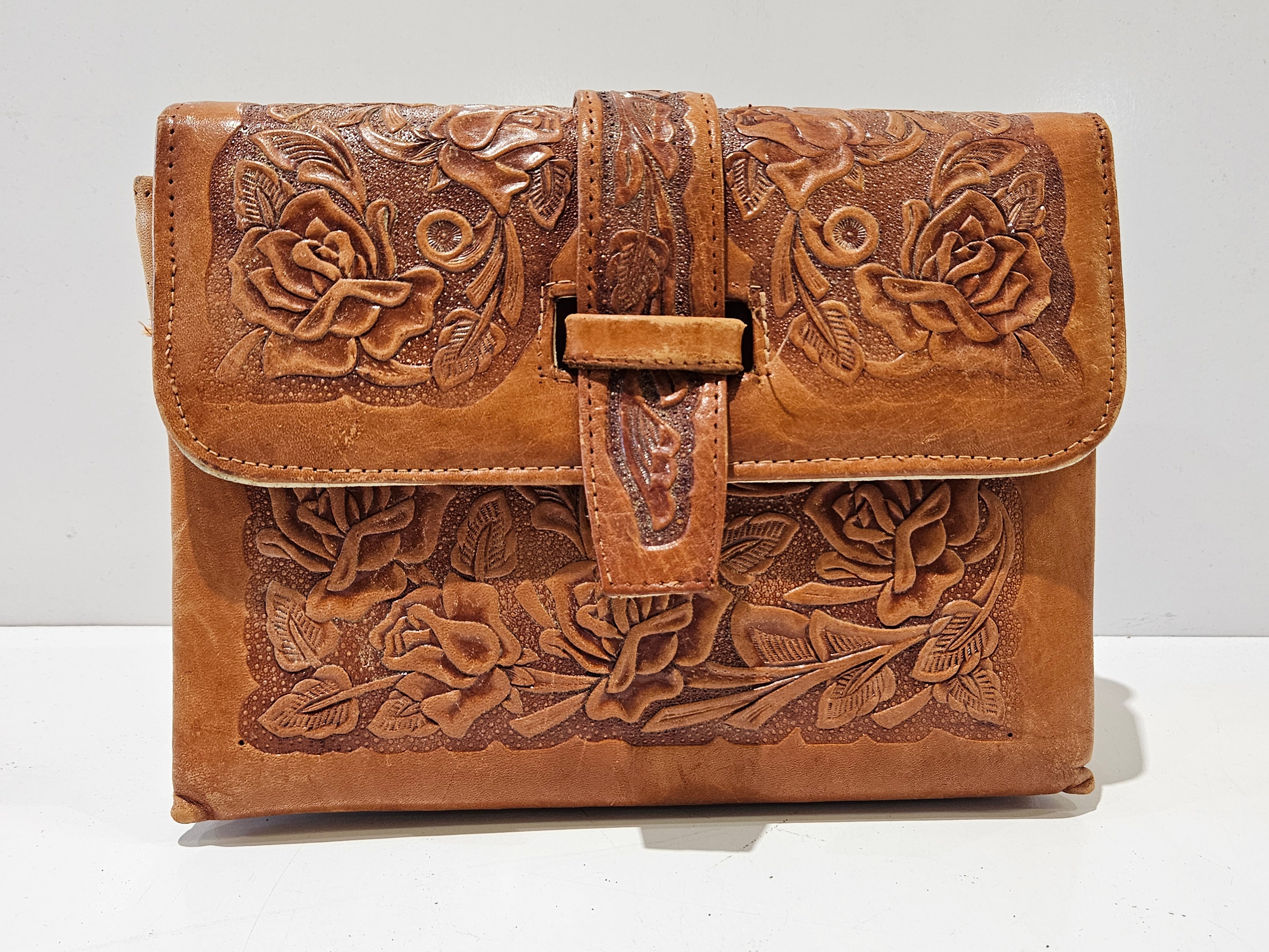 Vintage Hand Tooled Floral Leather Portfolio Briefcase Organizer Document Case Bag