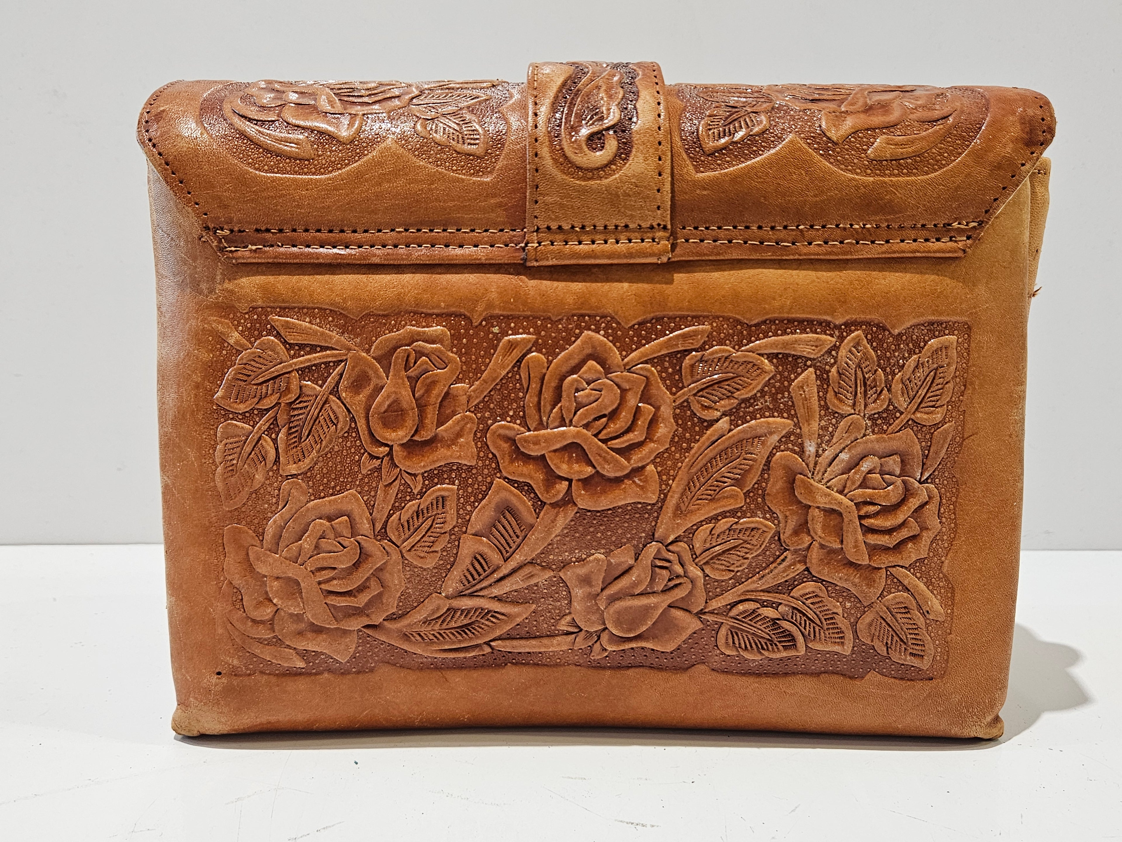 Vintage Hand Tooled Floral Leather Portfolio Briefcase Organizer Document Case Bag