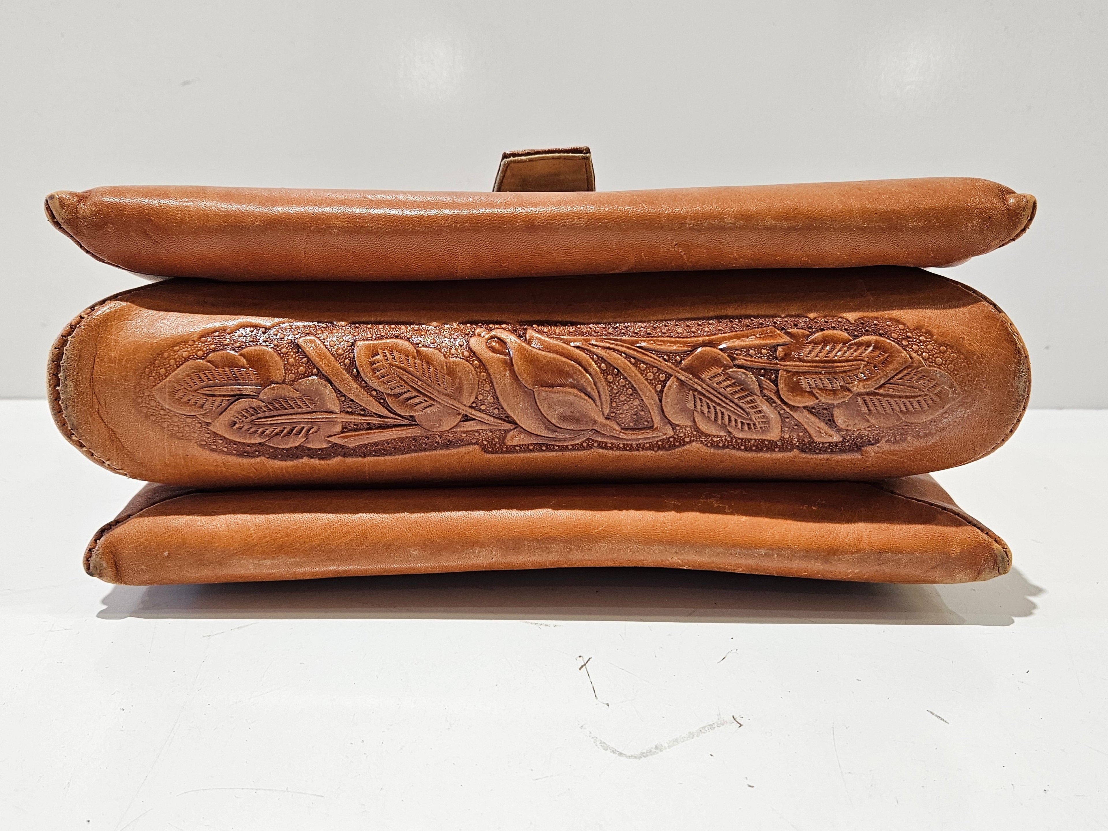 Vintage Hand Tooled Floral Leather Portfolio Briefcase Organizer Document Case Bag