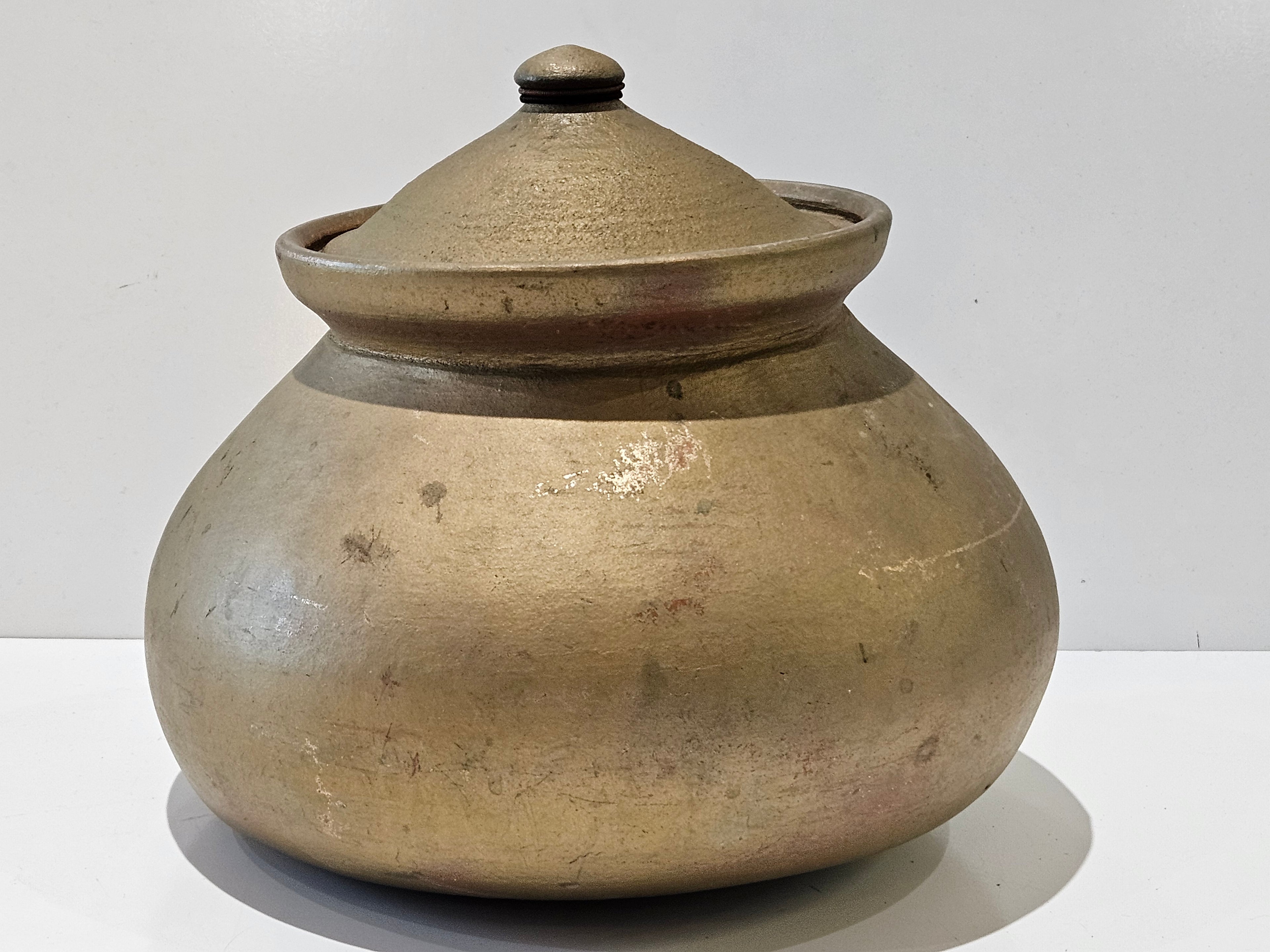 Vintage Large Handcrafted Lidded Pottery Storage Jar Rustic Earthenware Vessel Decor