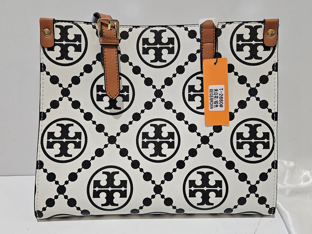 Tory Burch Monogram Logo Tote Bag White Black Beige Brown Shoulder Handbag T-2660