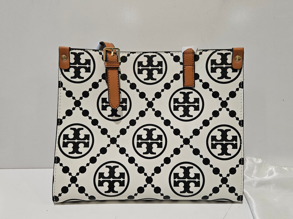 Tory Burch Monogram Logo Tote Bag White Black Beige Brown Shoulder Handbag T-2660