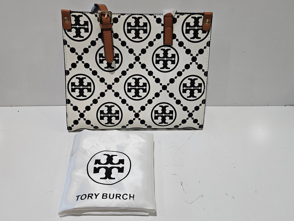 Tory Burch Monogram Logo Tote Bag White Black Beige Brown Shoulder Handbag T-2660