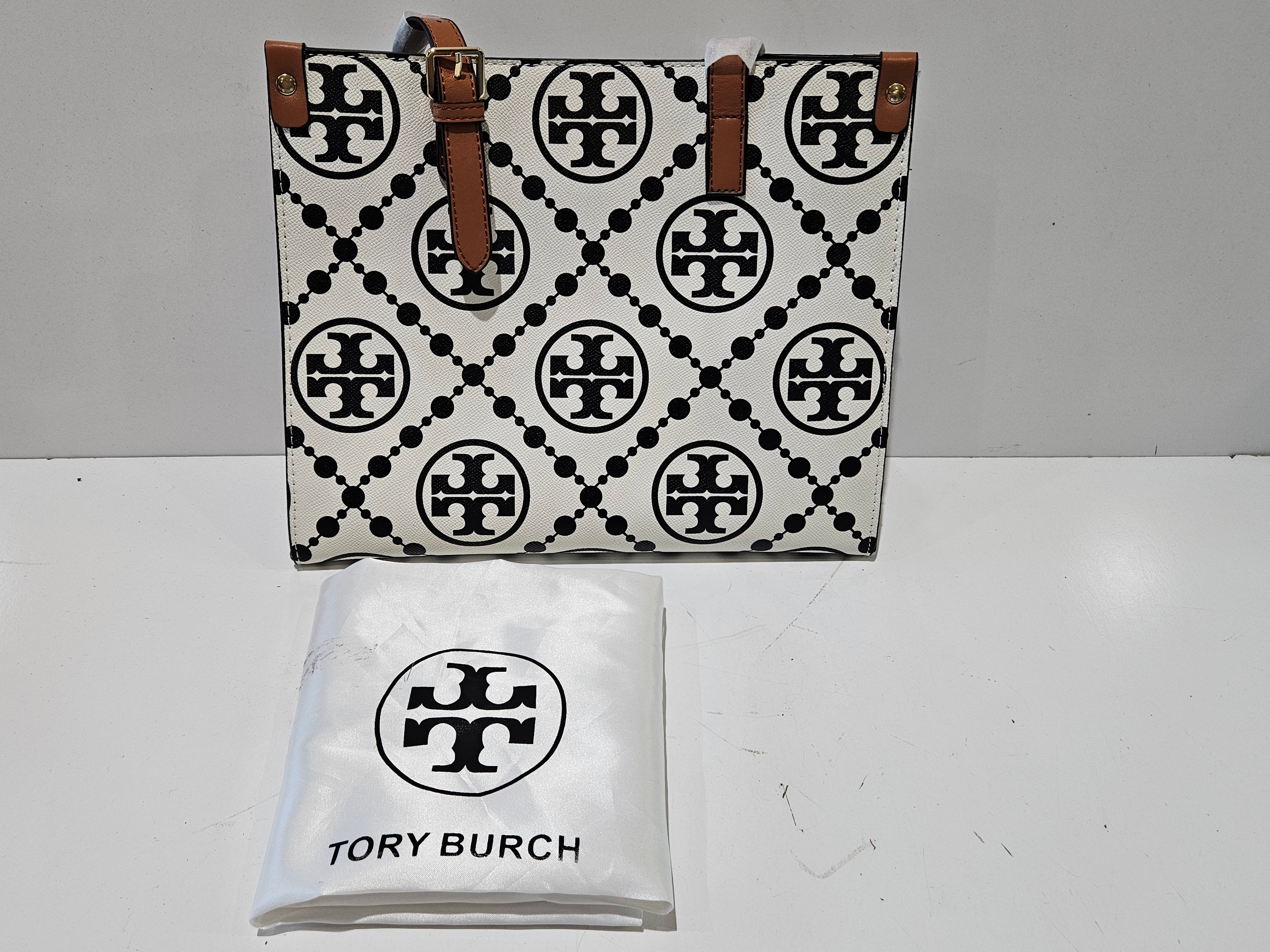 Tory Burch Monogram Logo Tote Bag White Black Beige Brown Shoulder Handbag T-2660